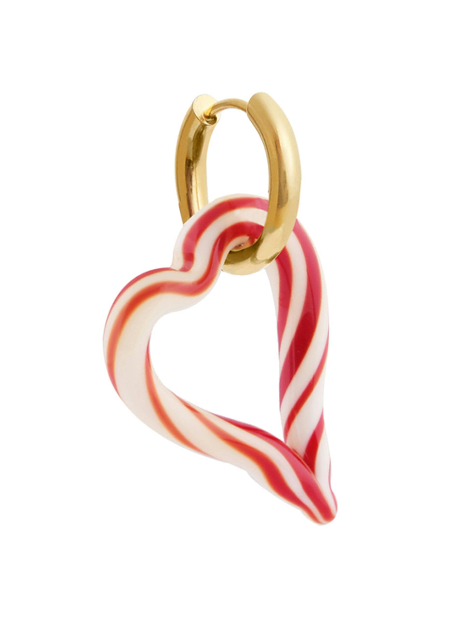 Heart of glass earring in striped ivory and red