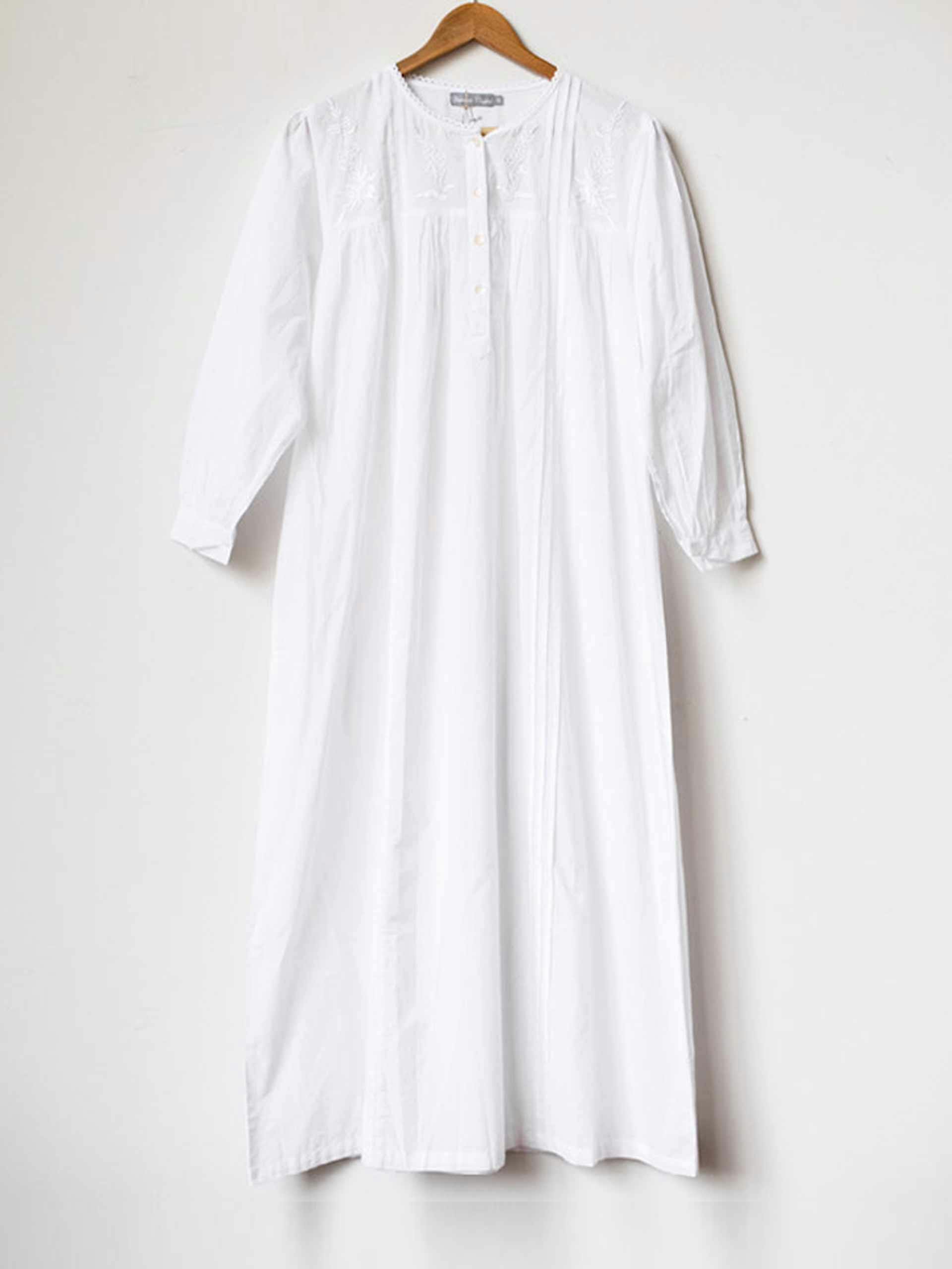 Long-sleeve white cotton nightgown