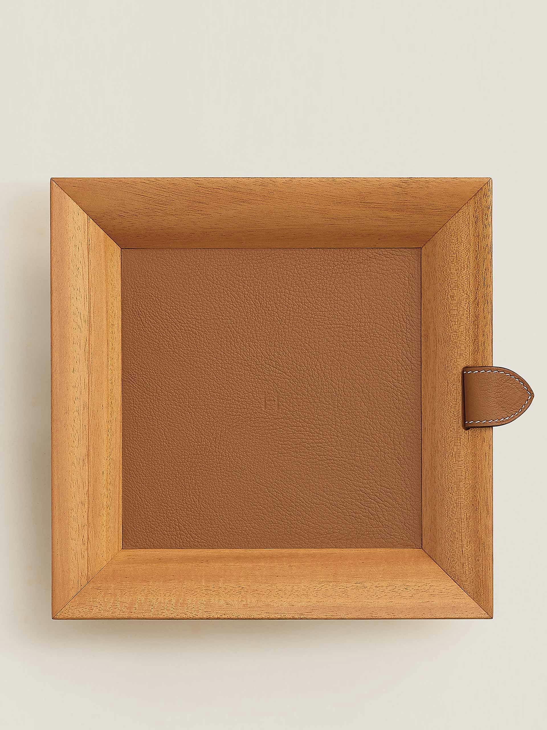 Square wood and leather change tray