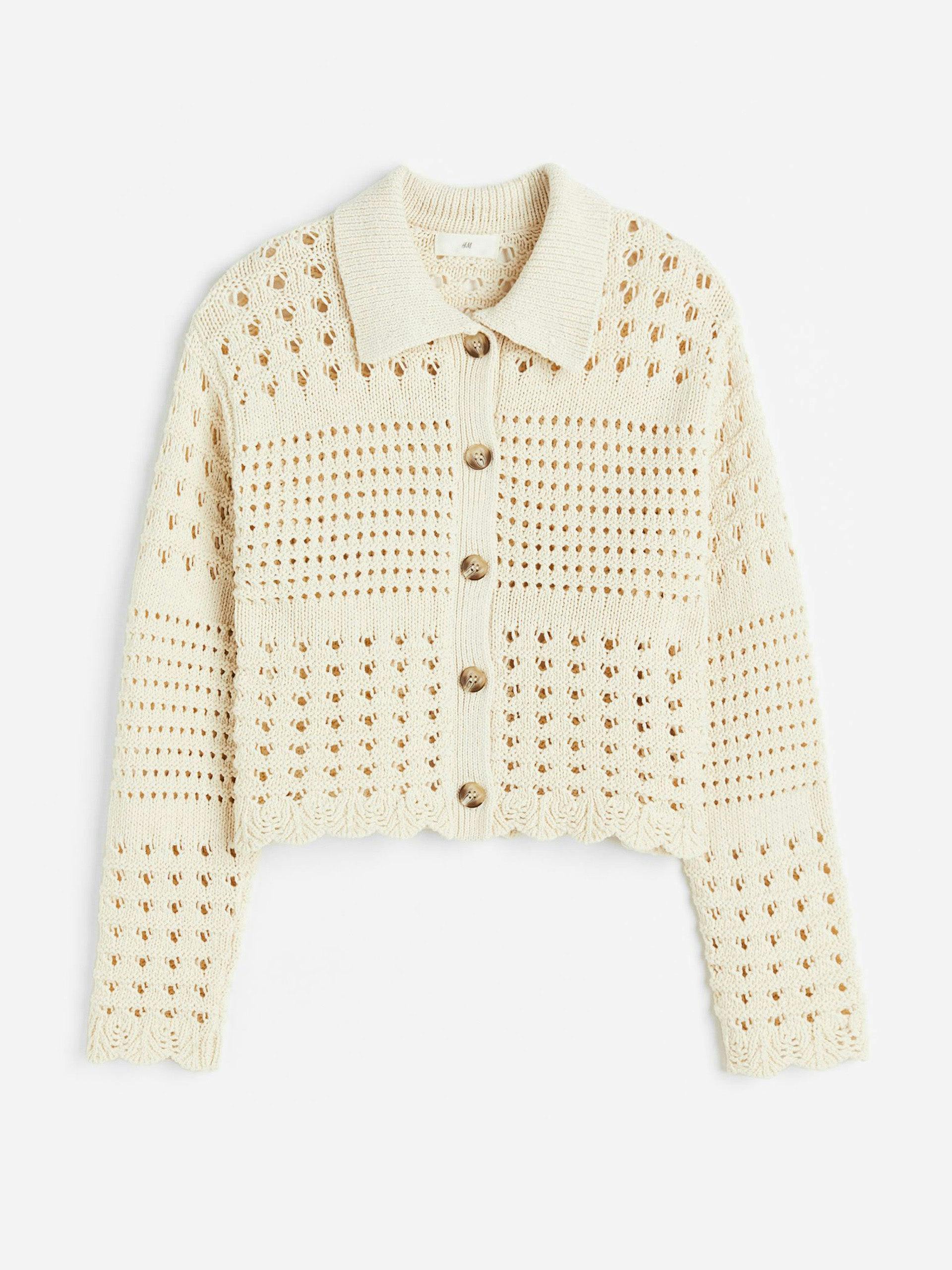 Hole-knit collared cardigan