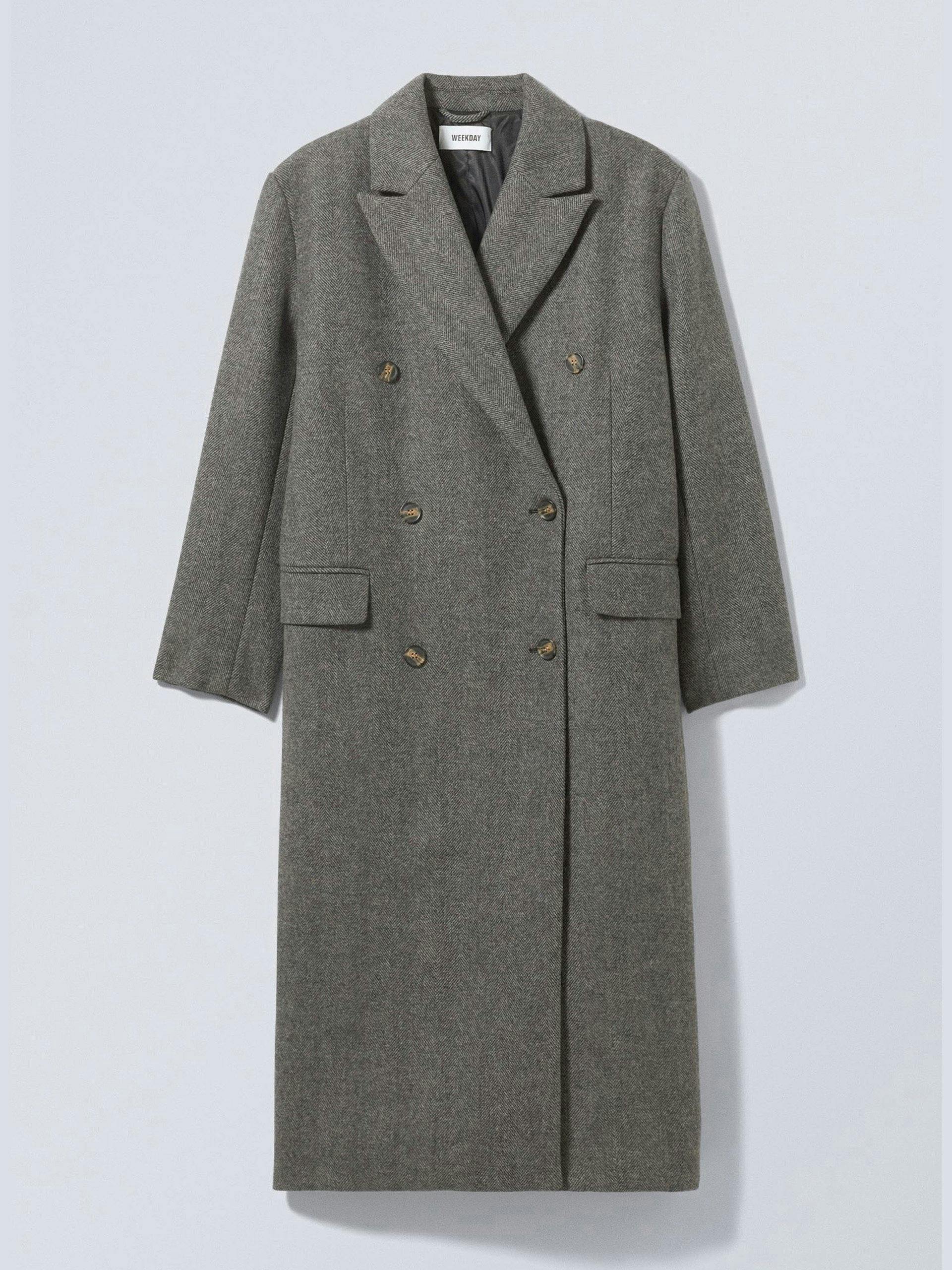 Double-breasted grey herringbone coat