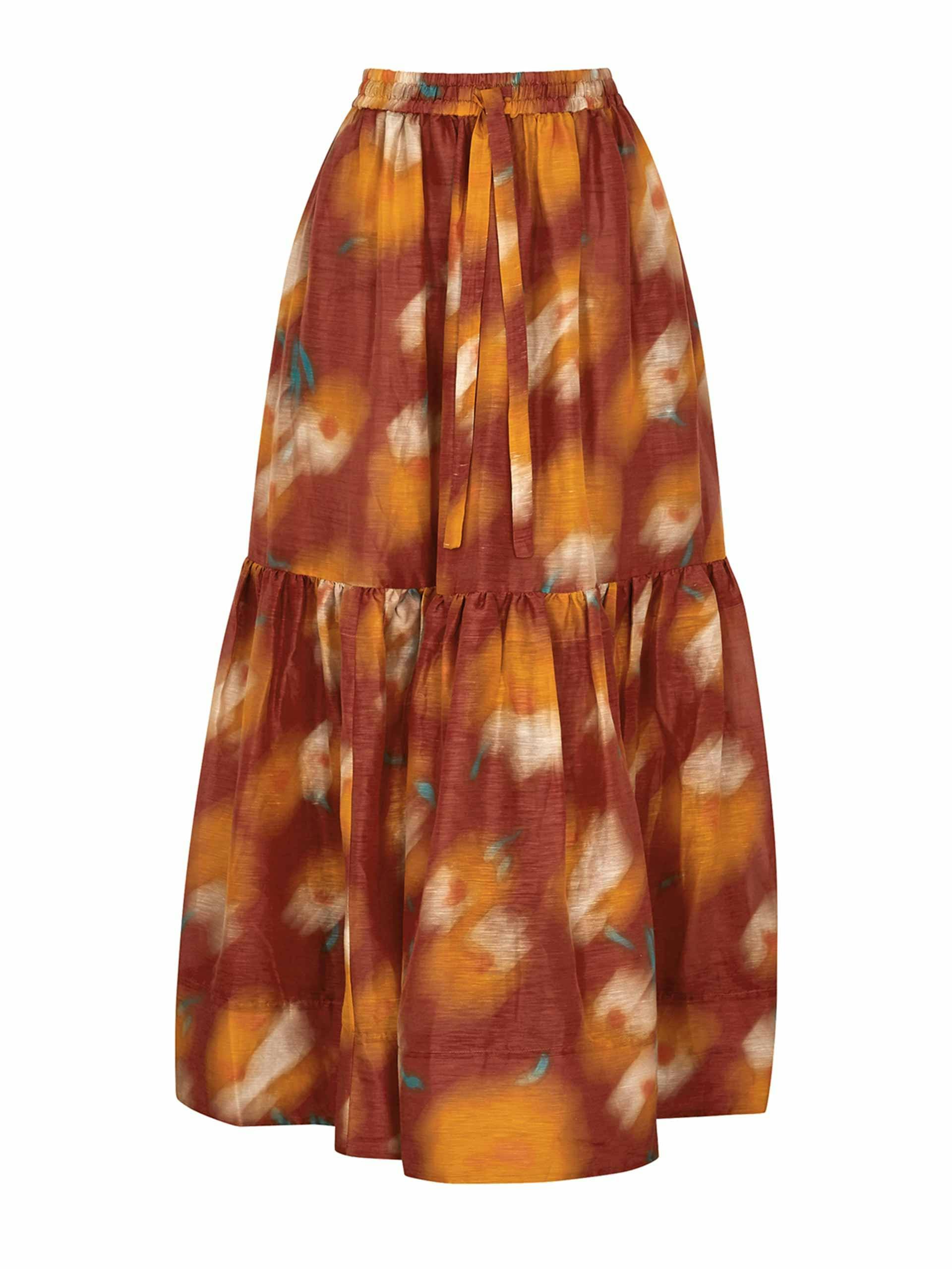 Orange printed linen-blend tiered maxi skirt