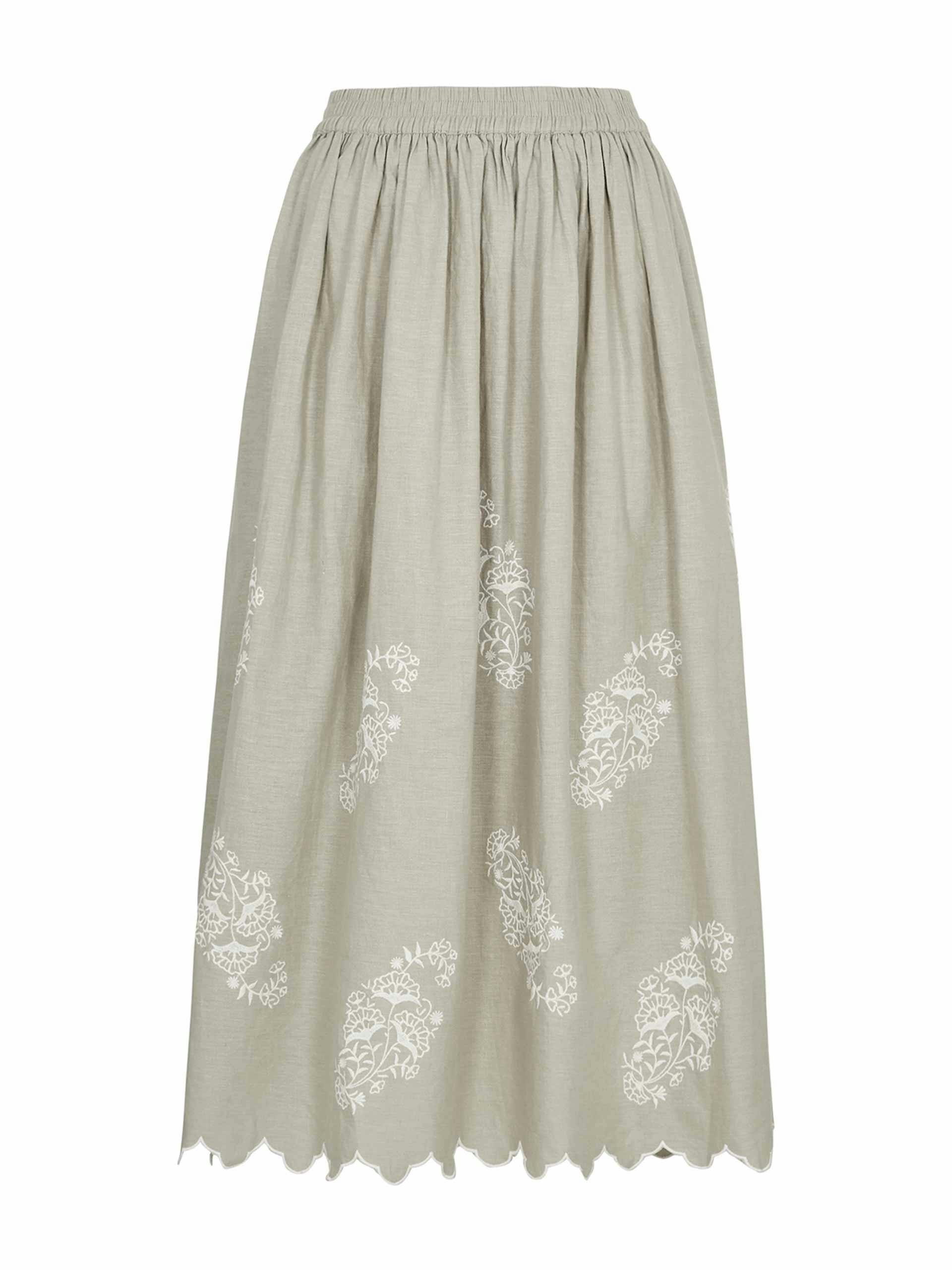 Embroidered linen-blend midi skirt