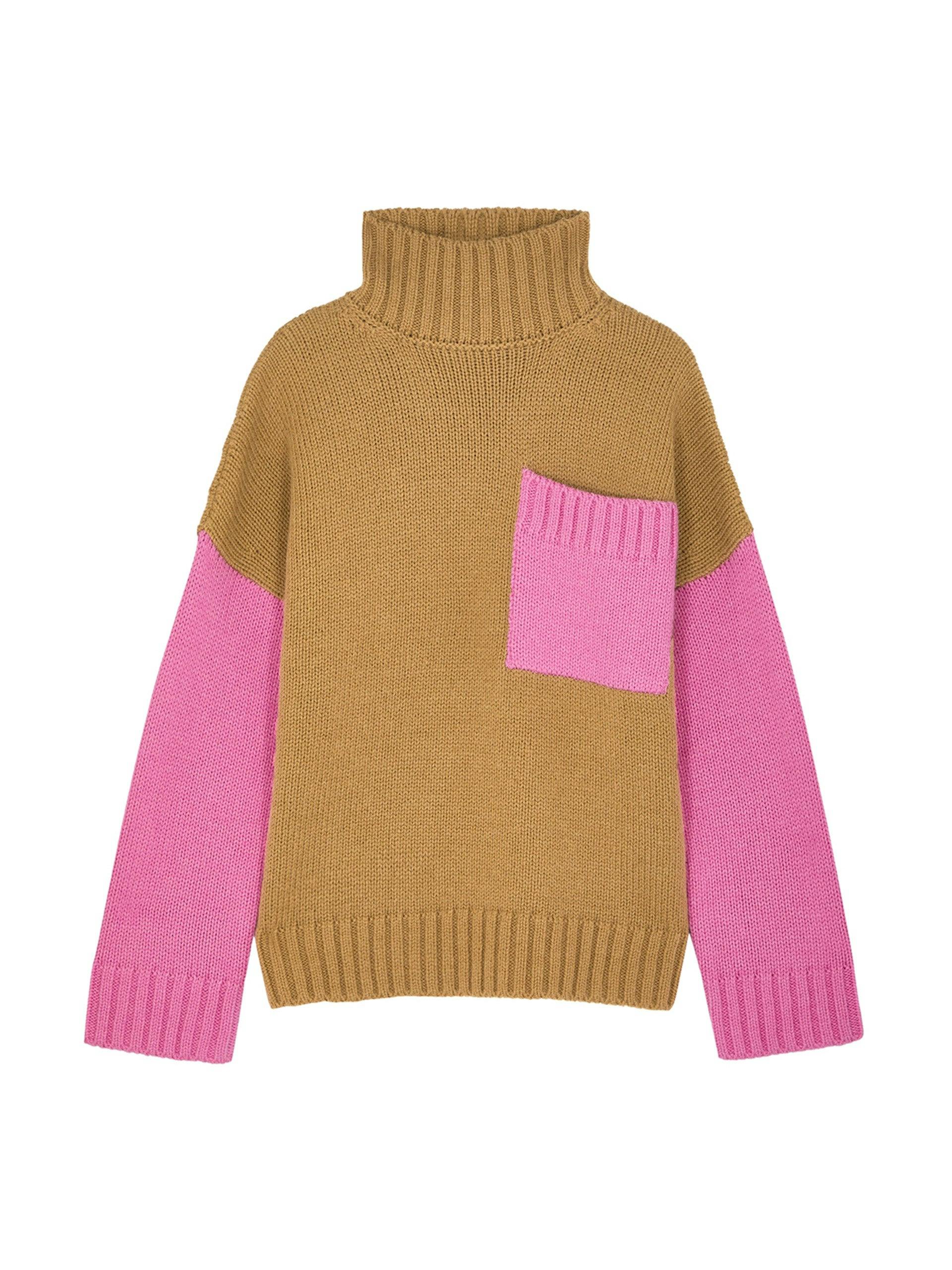 Brown and pink colour-block jumper