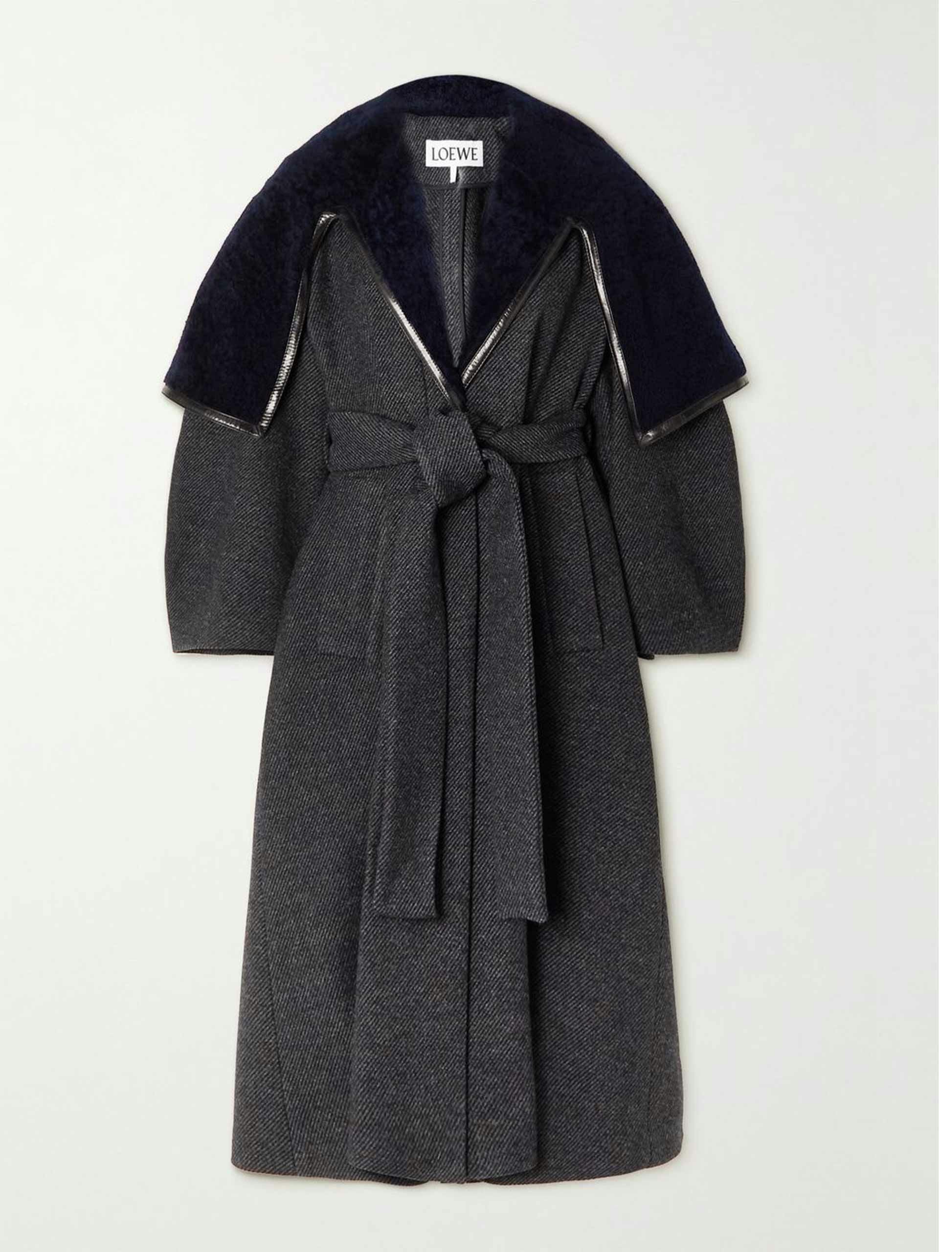 Belted leather-trimmed wool-blend twill and shearling coat