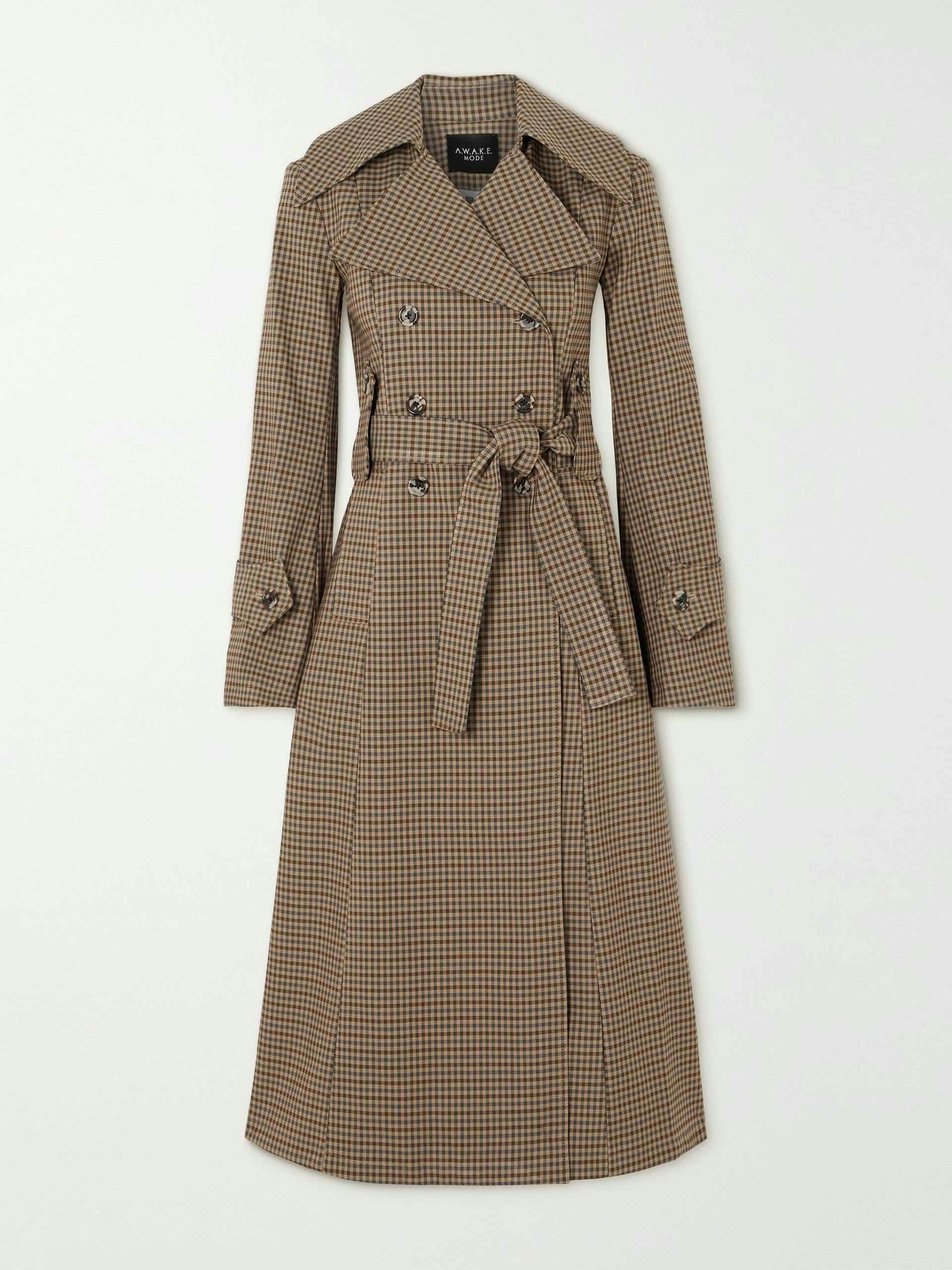 Belted double-breasted checked cotton-blend trench coat