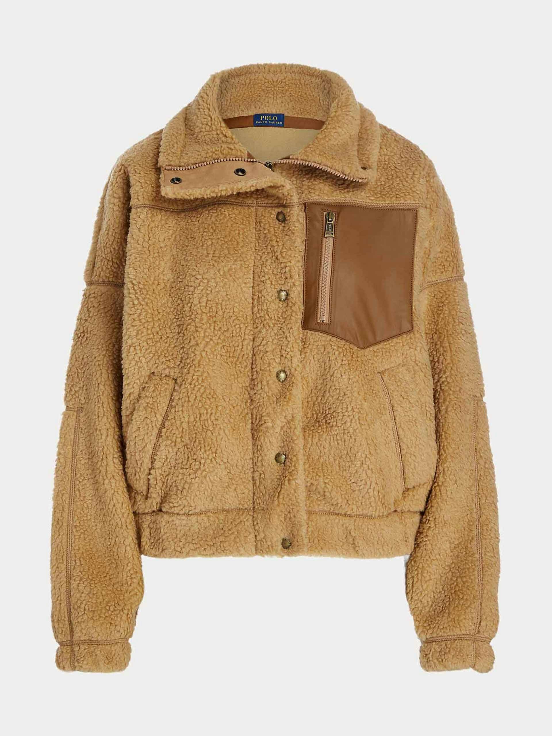 Leather-trim high-pile fleece jacket