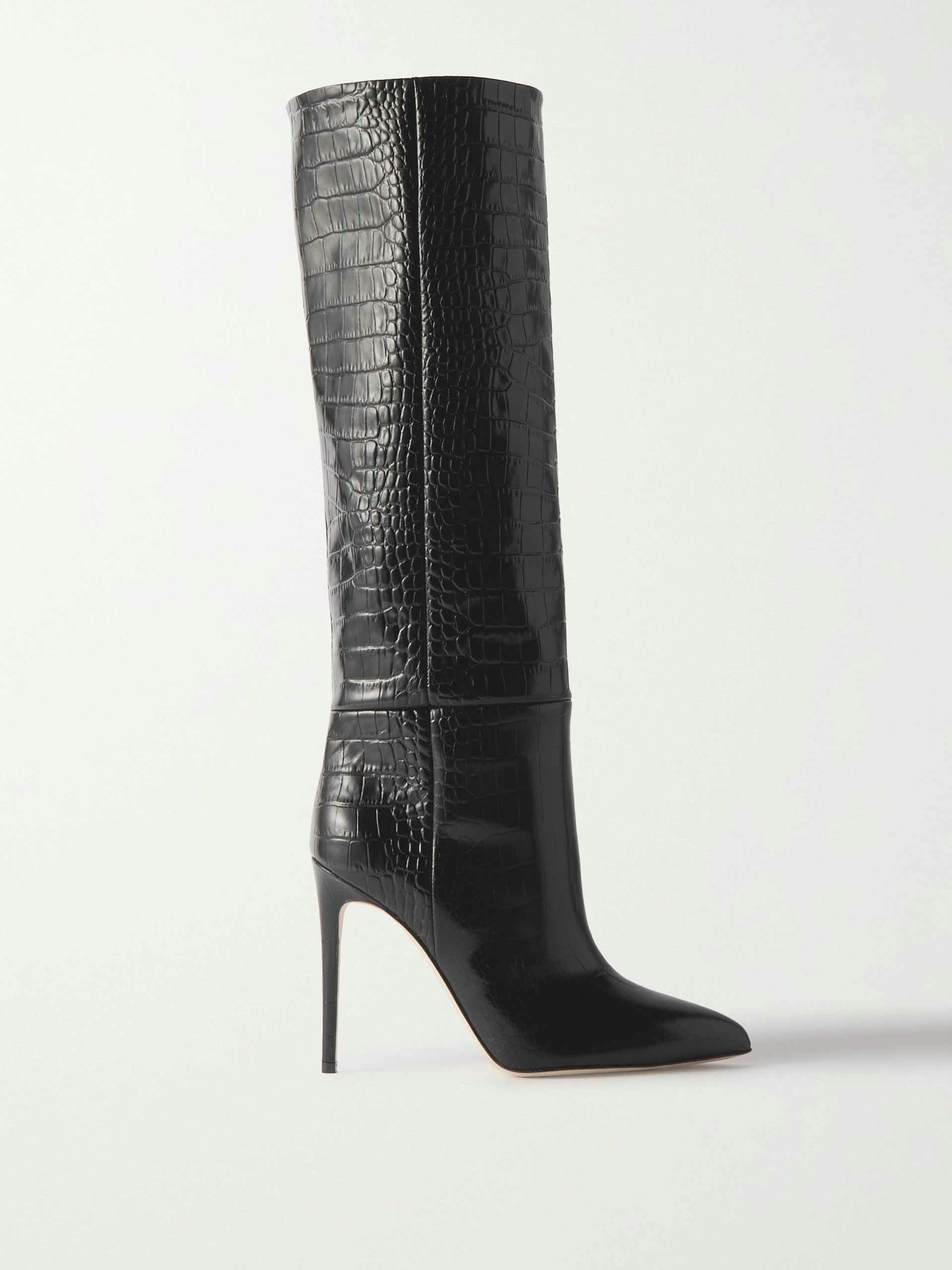 Croc-effect leather knee boots