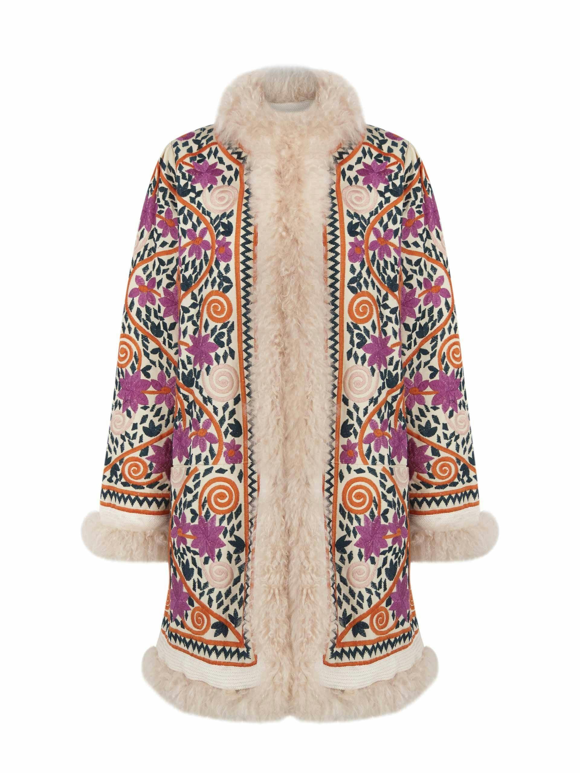 Embroidered coat with faux fur lining