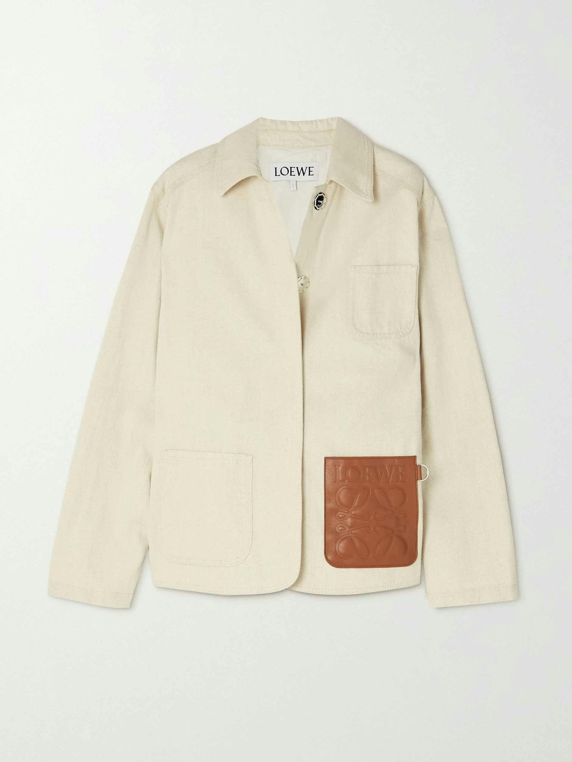 Leather-trimmed cotton and linen blend twill jacket