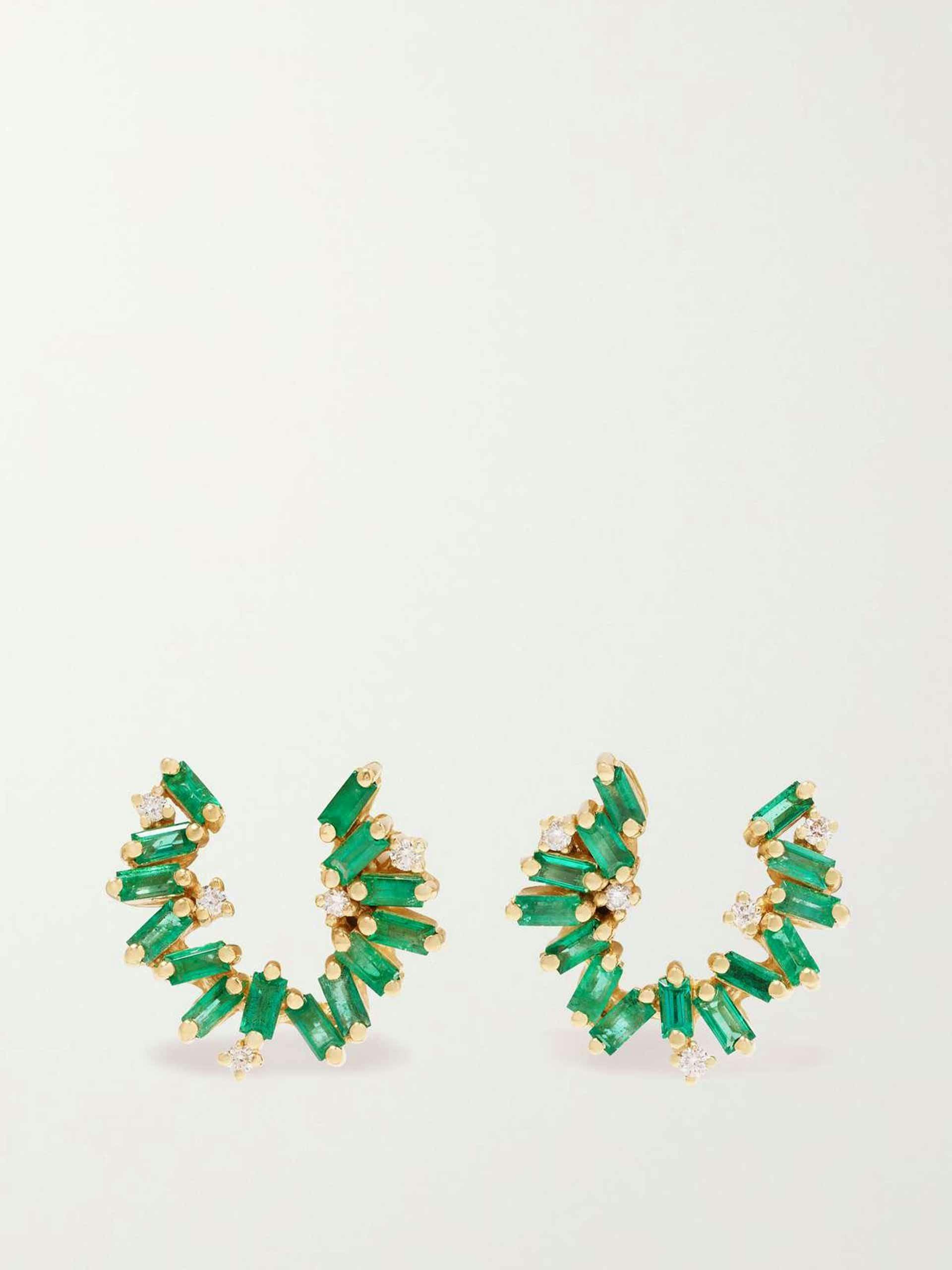 18-karat gold, emerald and diamond hoop earrings