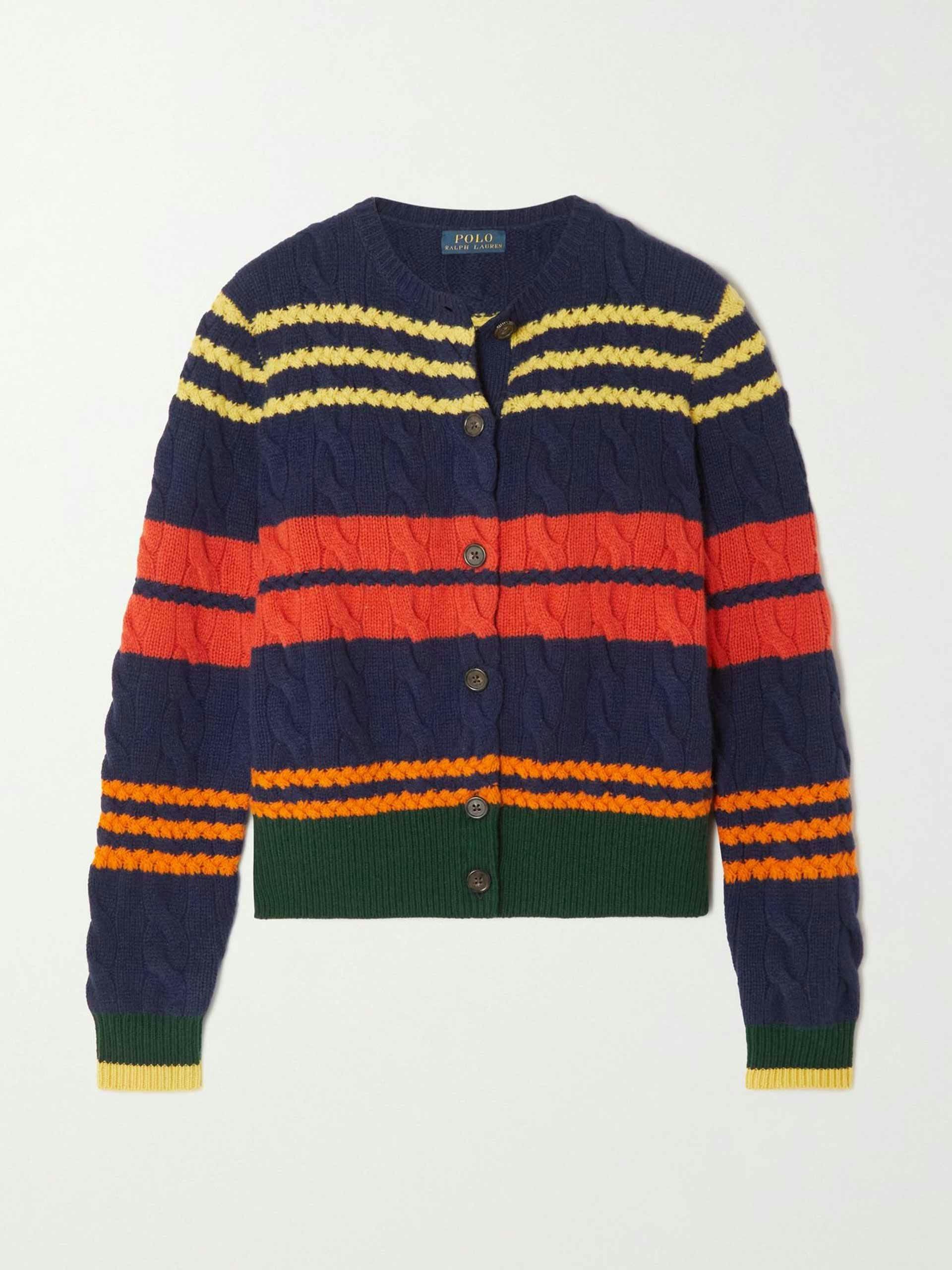Striped cable-knit wool and cashmere-blend cardigan