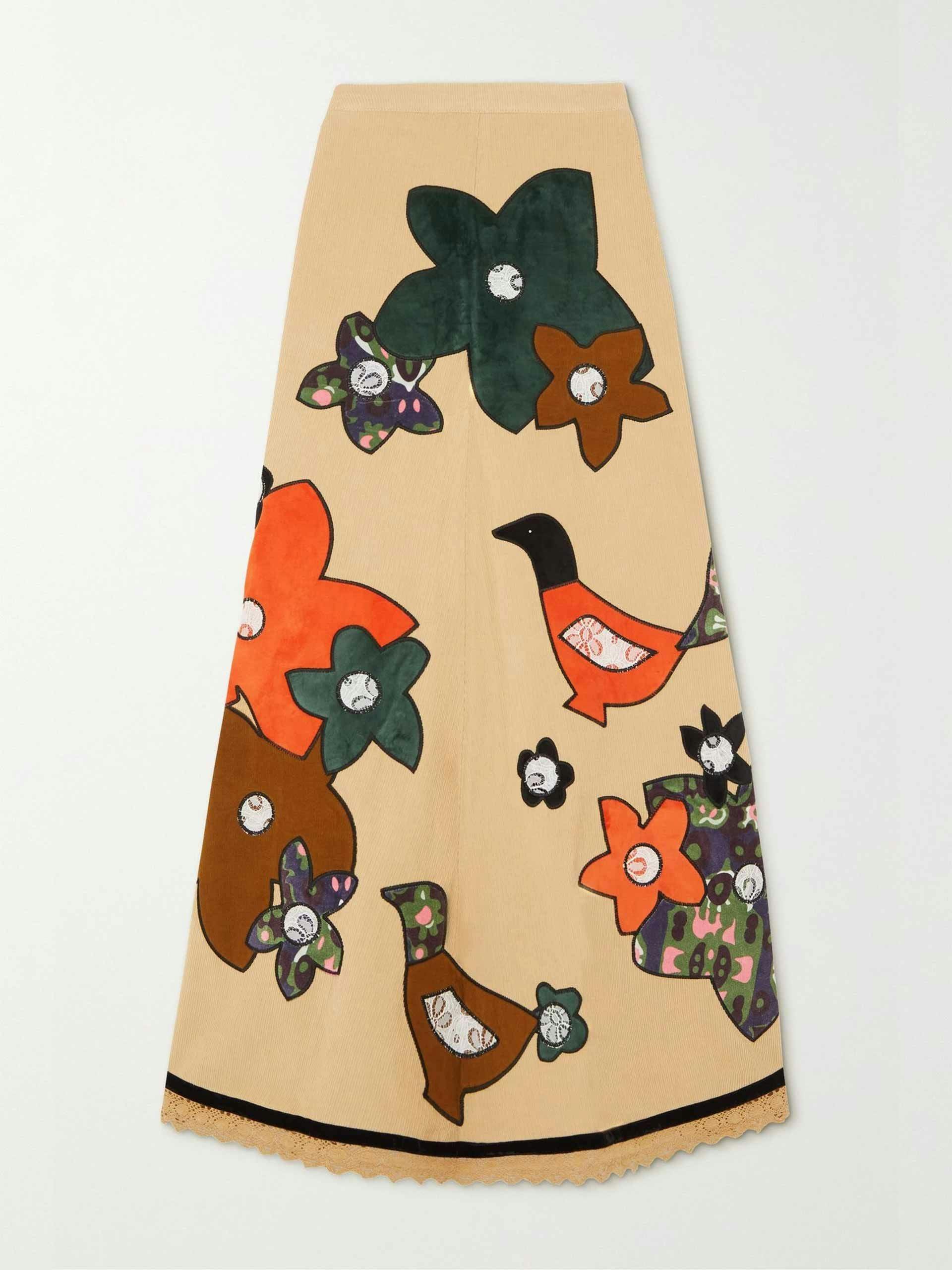 Crochet-trimmed appliquéd cotton-corduroy maxi skirt