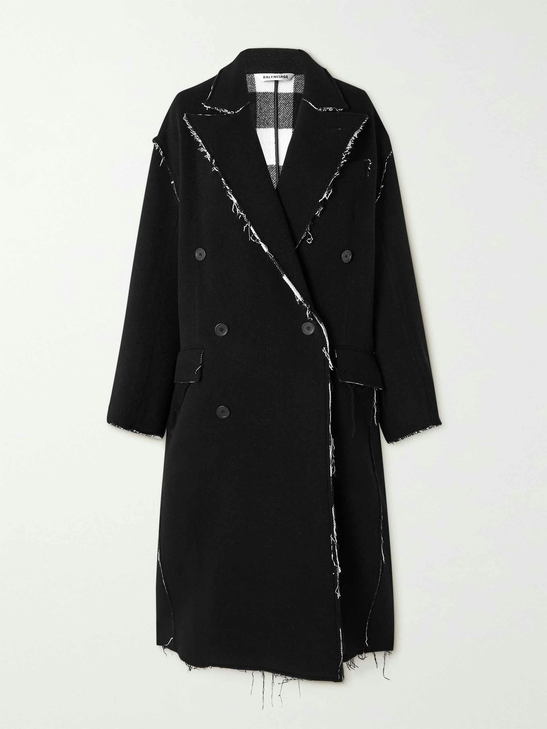 Oversized double-breasted frayed wool-blend coat