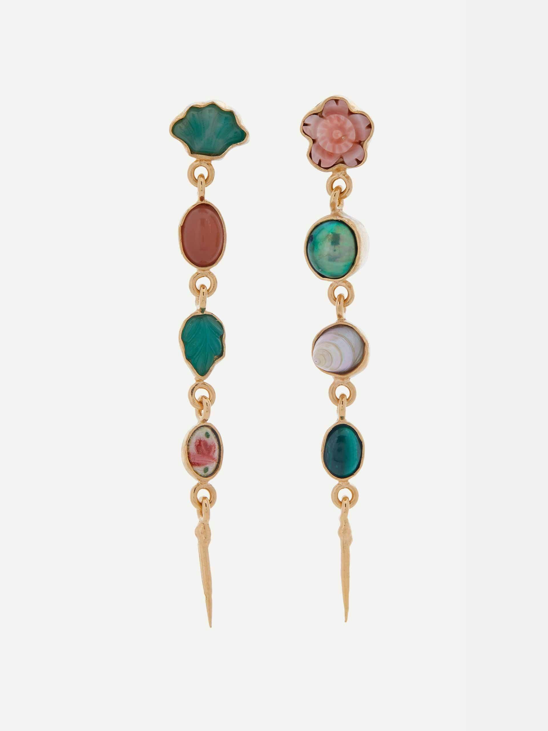 Gold-plated asymmetric four charm victorian drop earrings