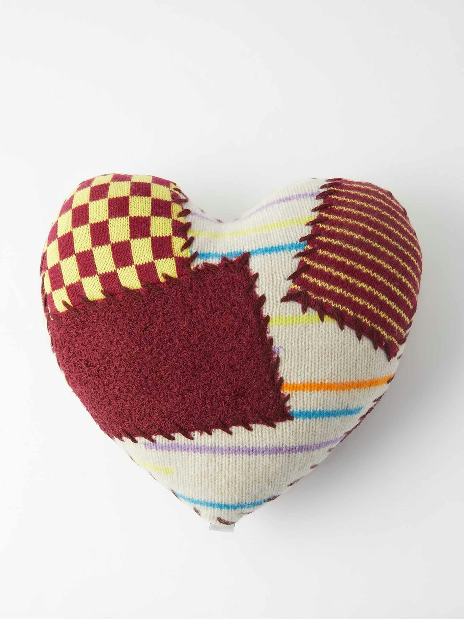 Patchwork-heart cashmere cushion