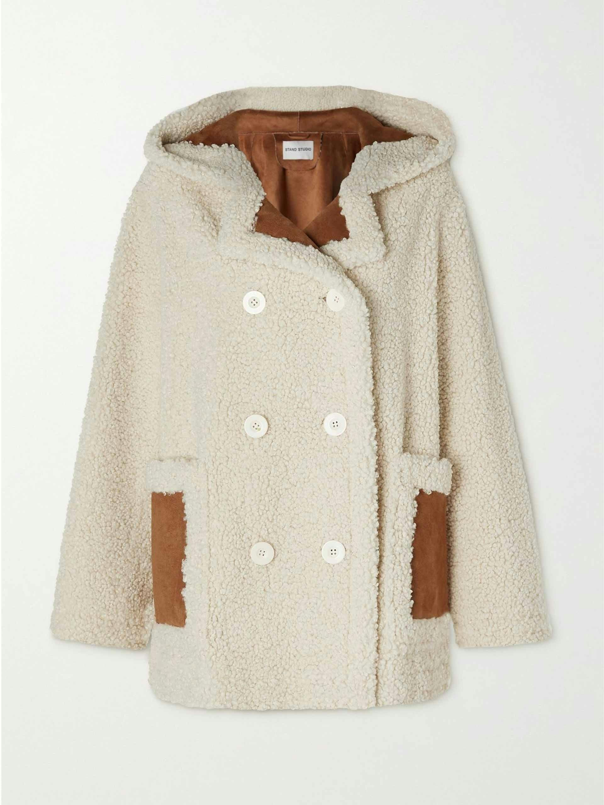 Hooded double-breasted faux shearling coat