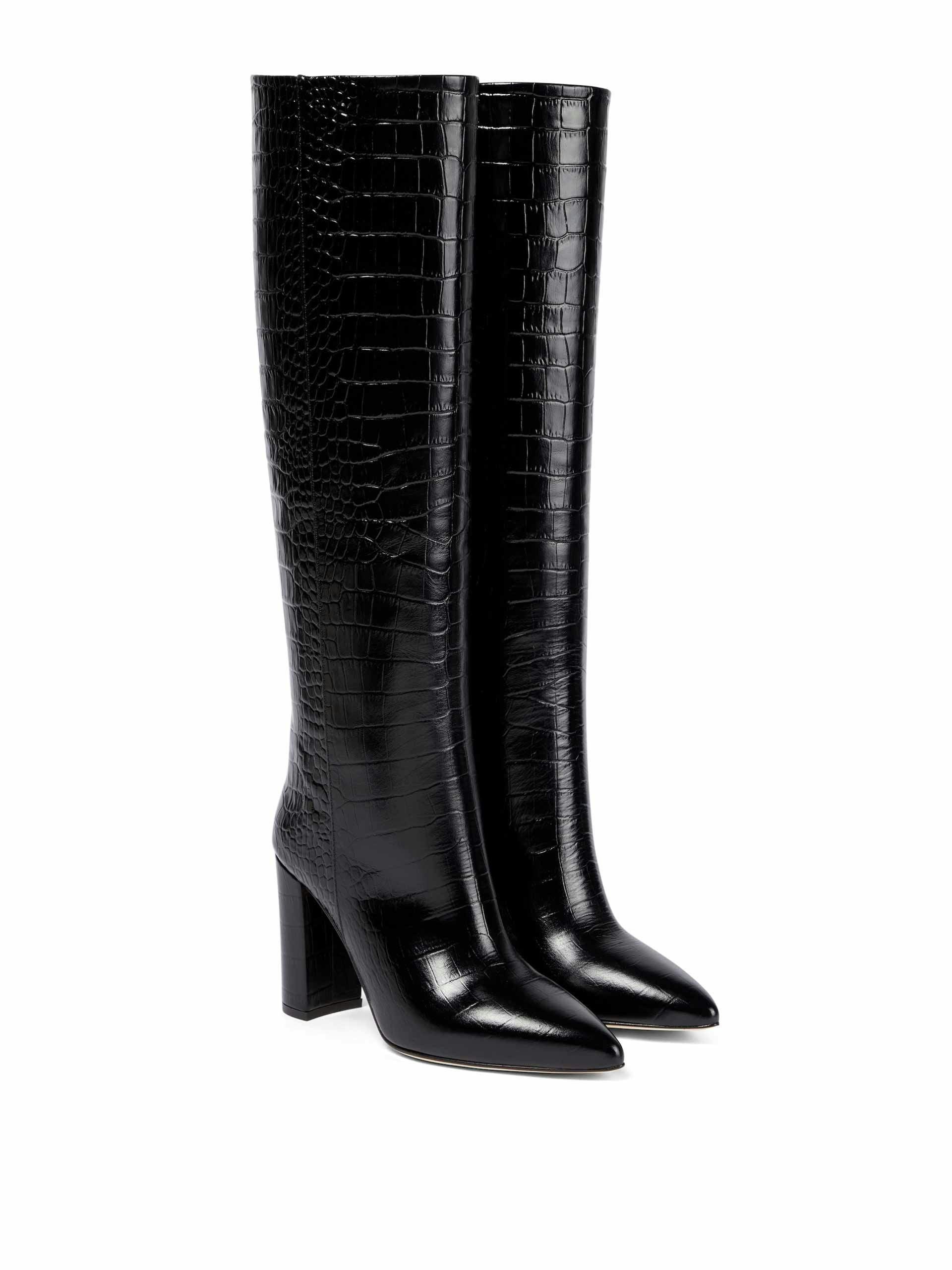 Croc-effect leather knee high boots