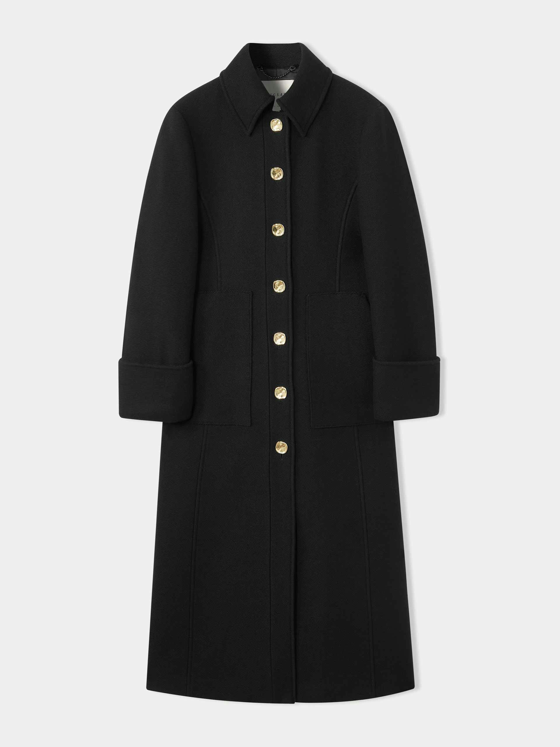 Black wool coat with gold buttons