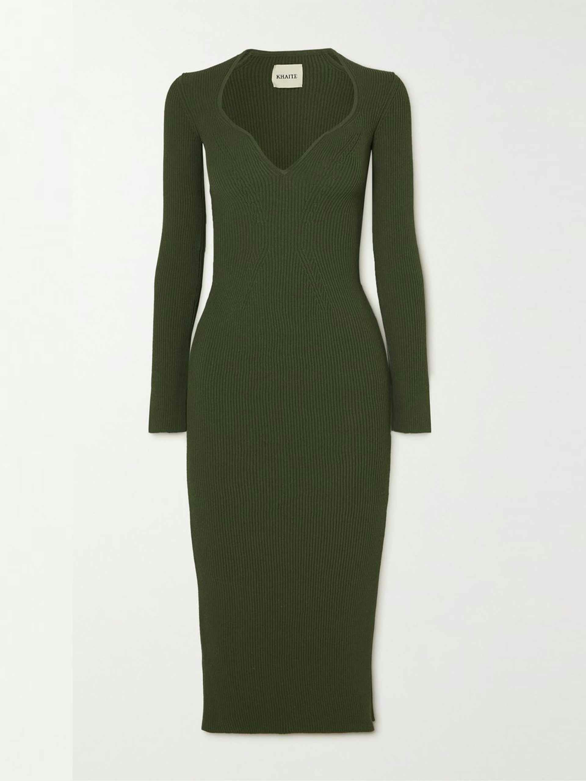Green ribbed-knit midi dress