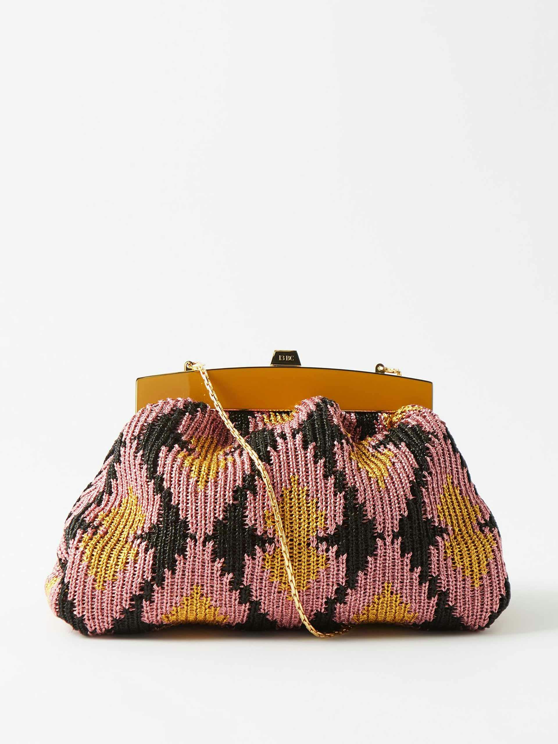 Graphic patterned woven lurex clutch bag