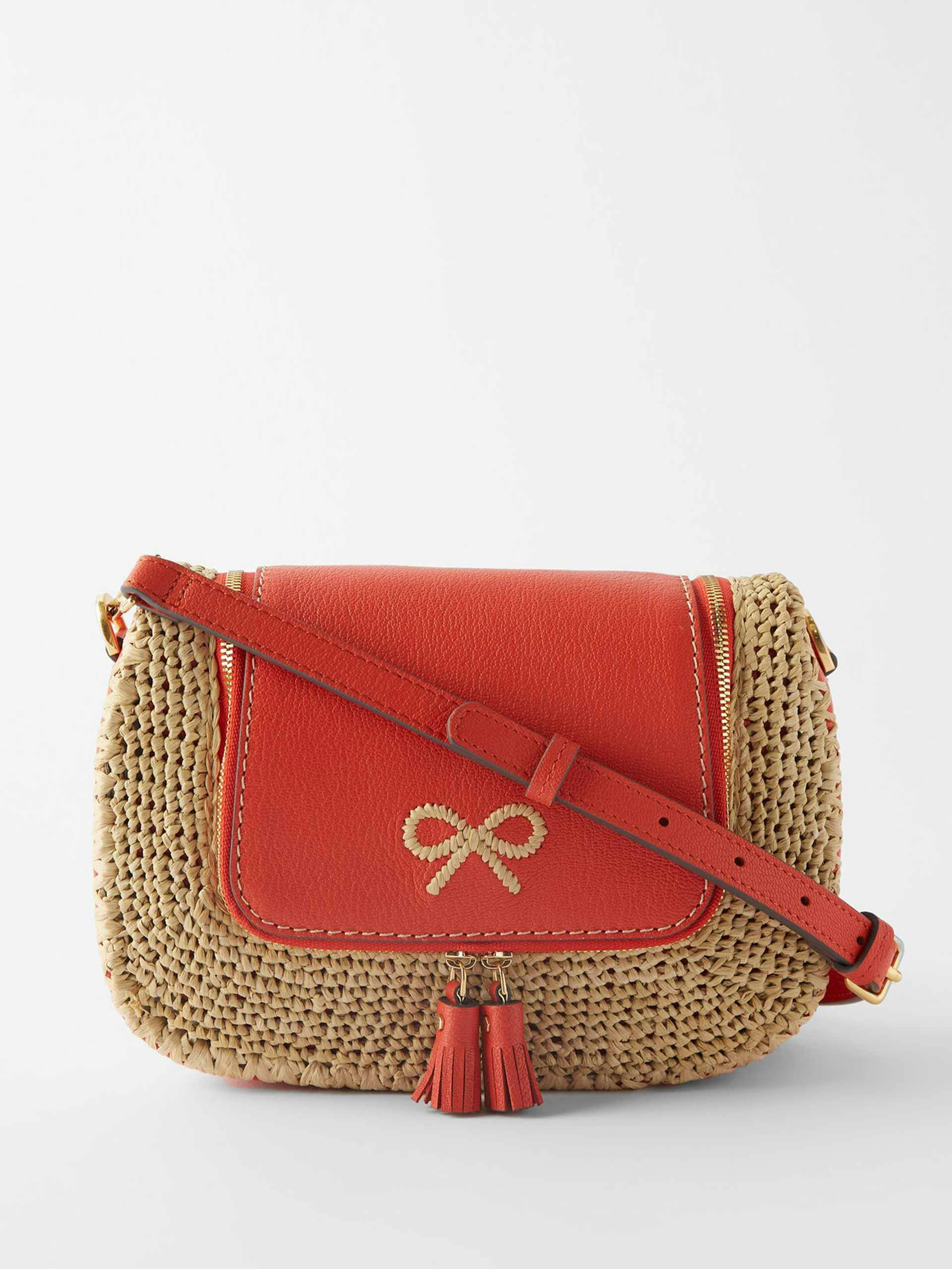 Red leather-raffia crossbody bag
