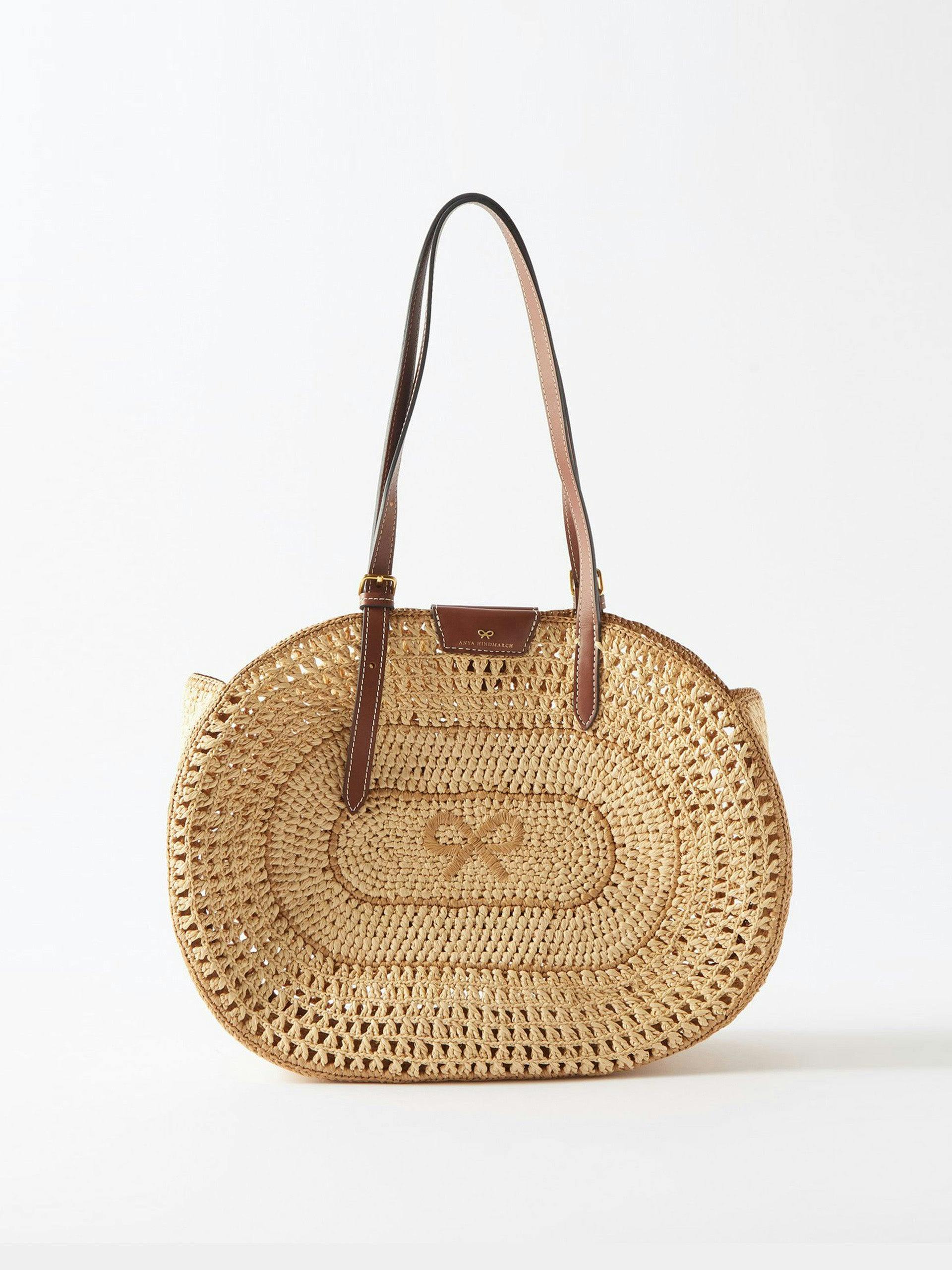 Raffia and leather basket tote bag