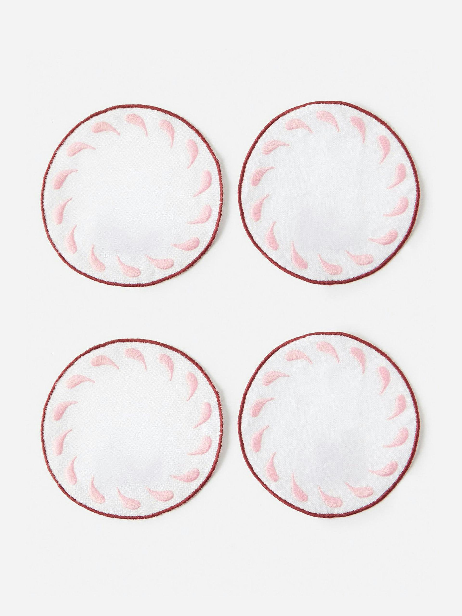 White, red and pink embroidered coasters (set of 4)