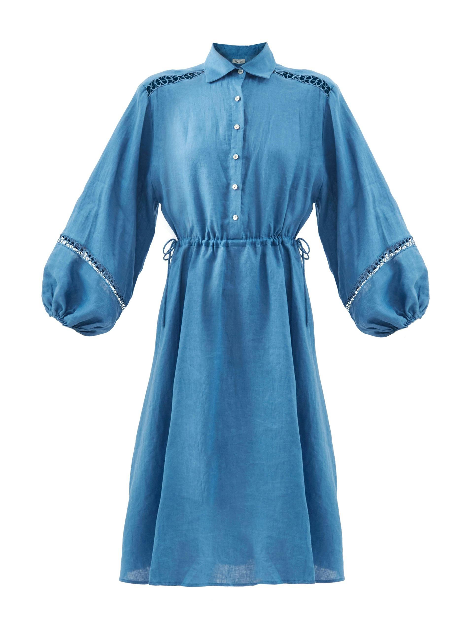 Lattice-panelled linen shirt dress