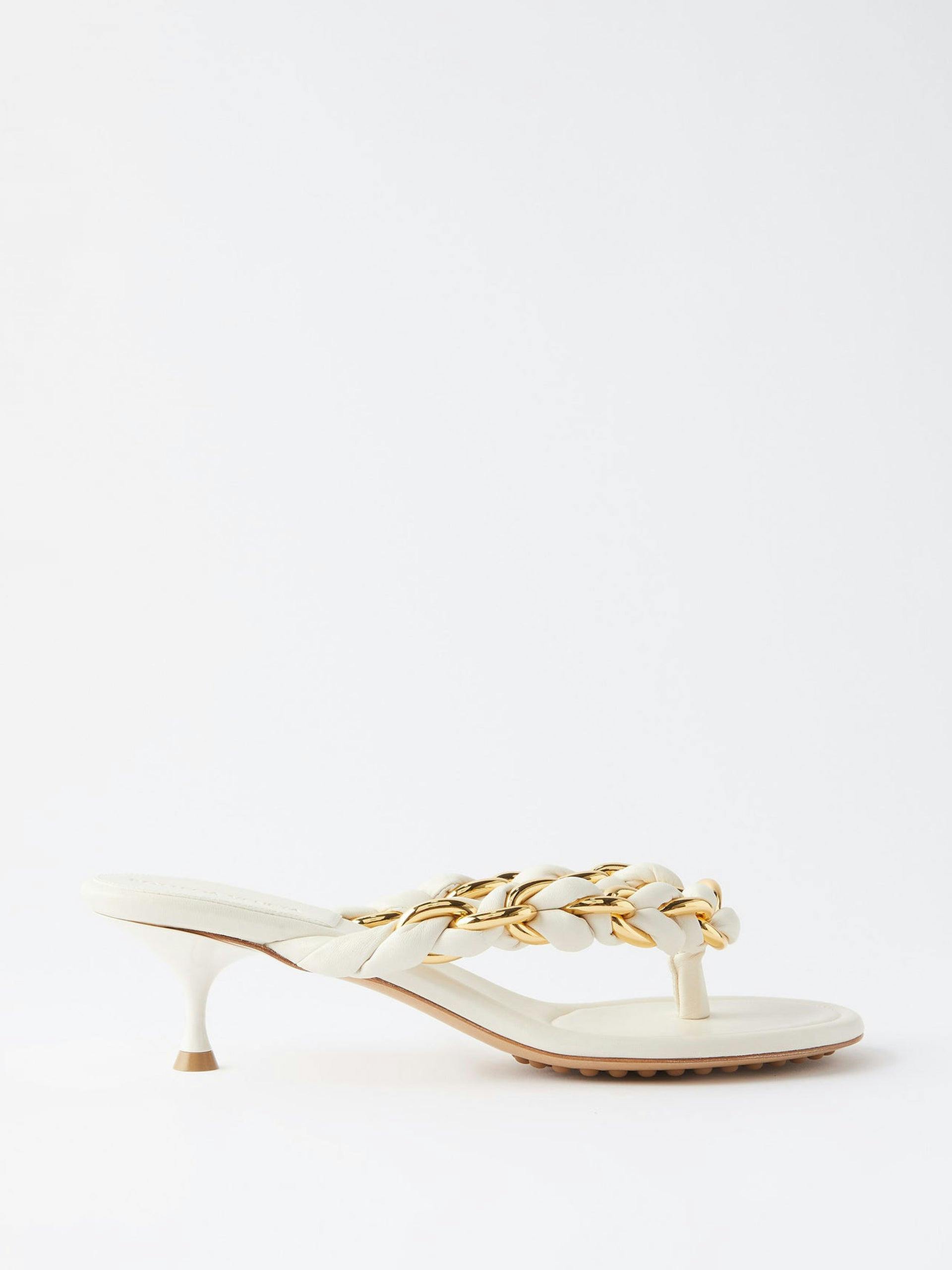 White strap sandals with braided chain detail