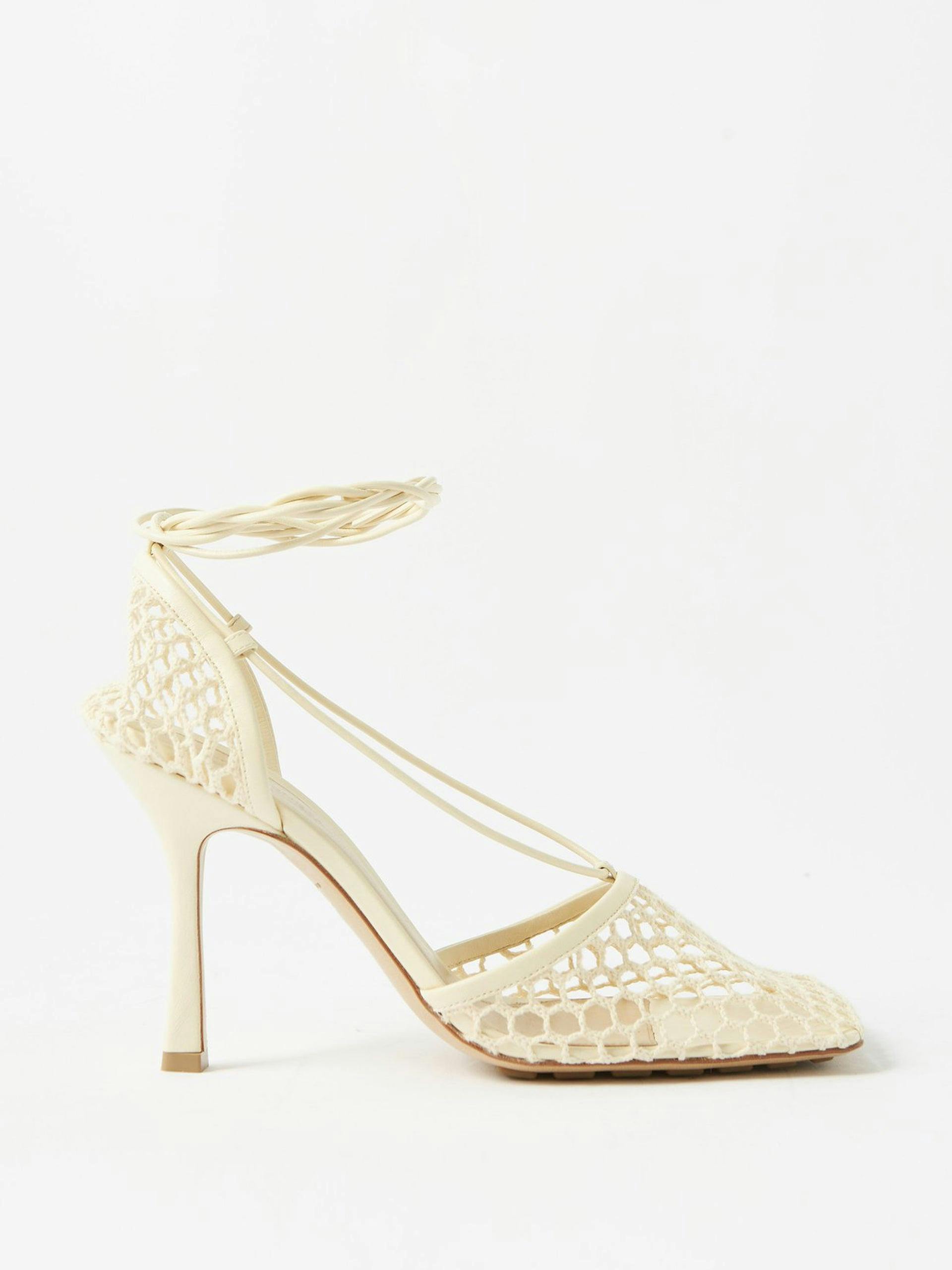 White wraparound mesh heels
