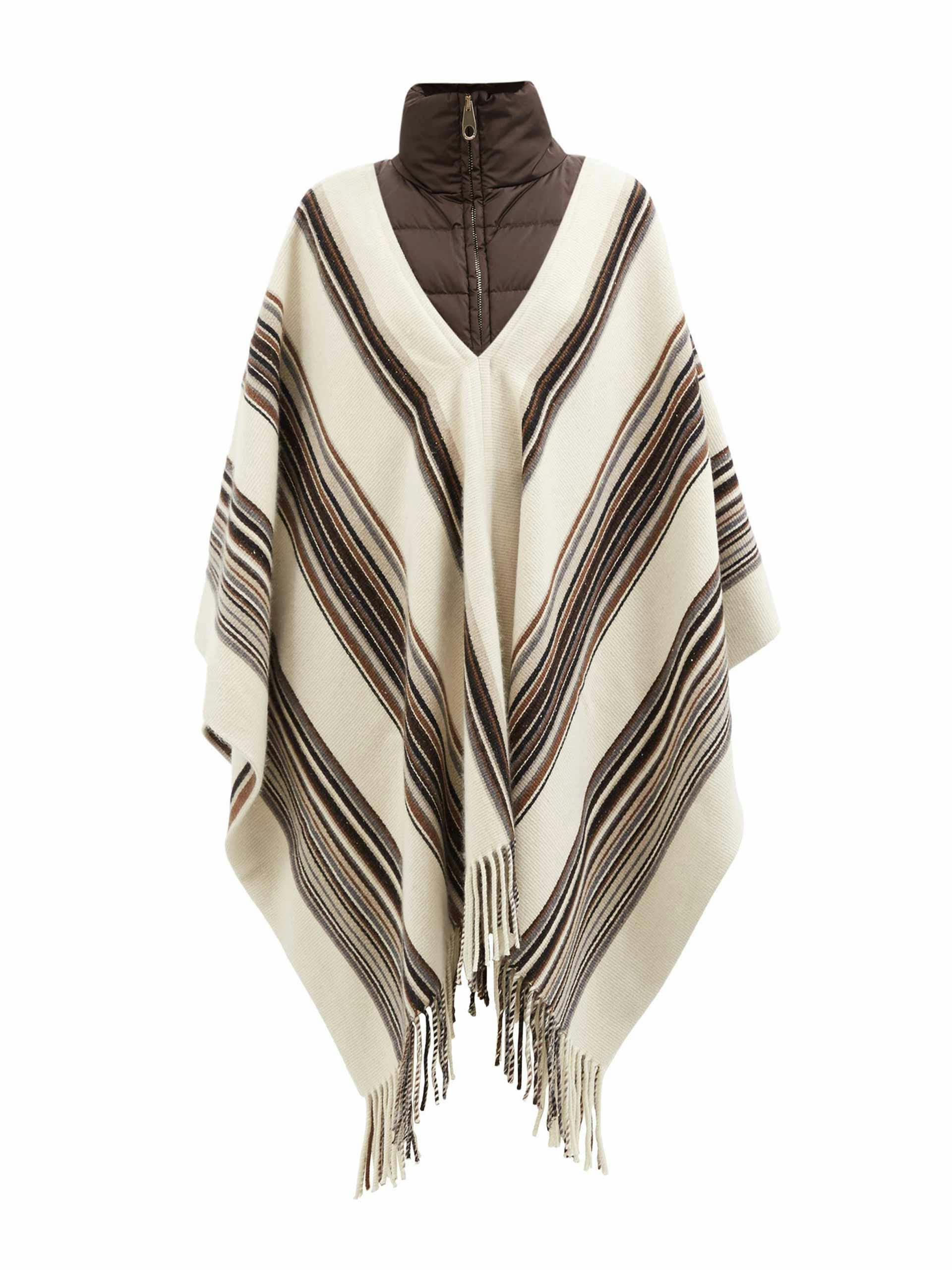 Quilted-collar striped cashmere-blend rep poncho