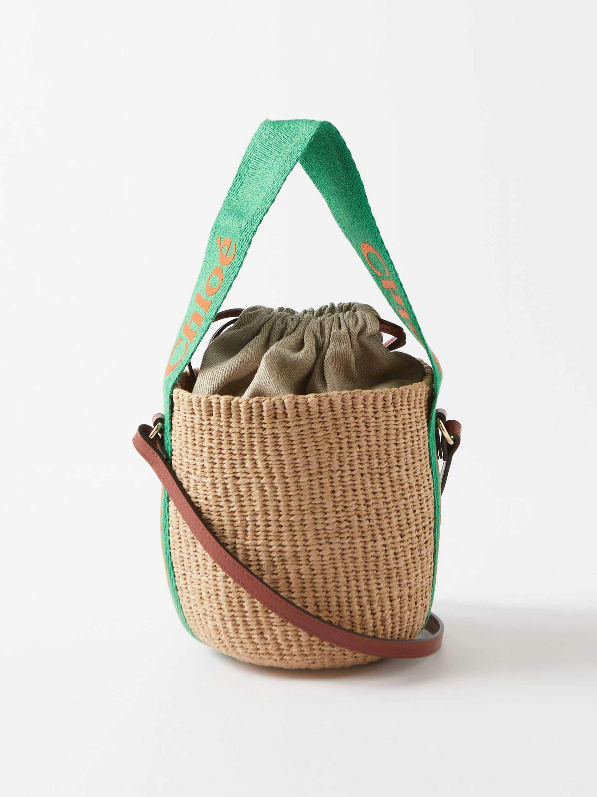 Leather-trim raffia bucket bag