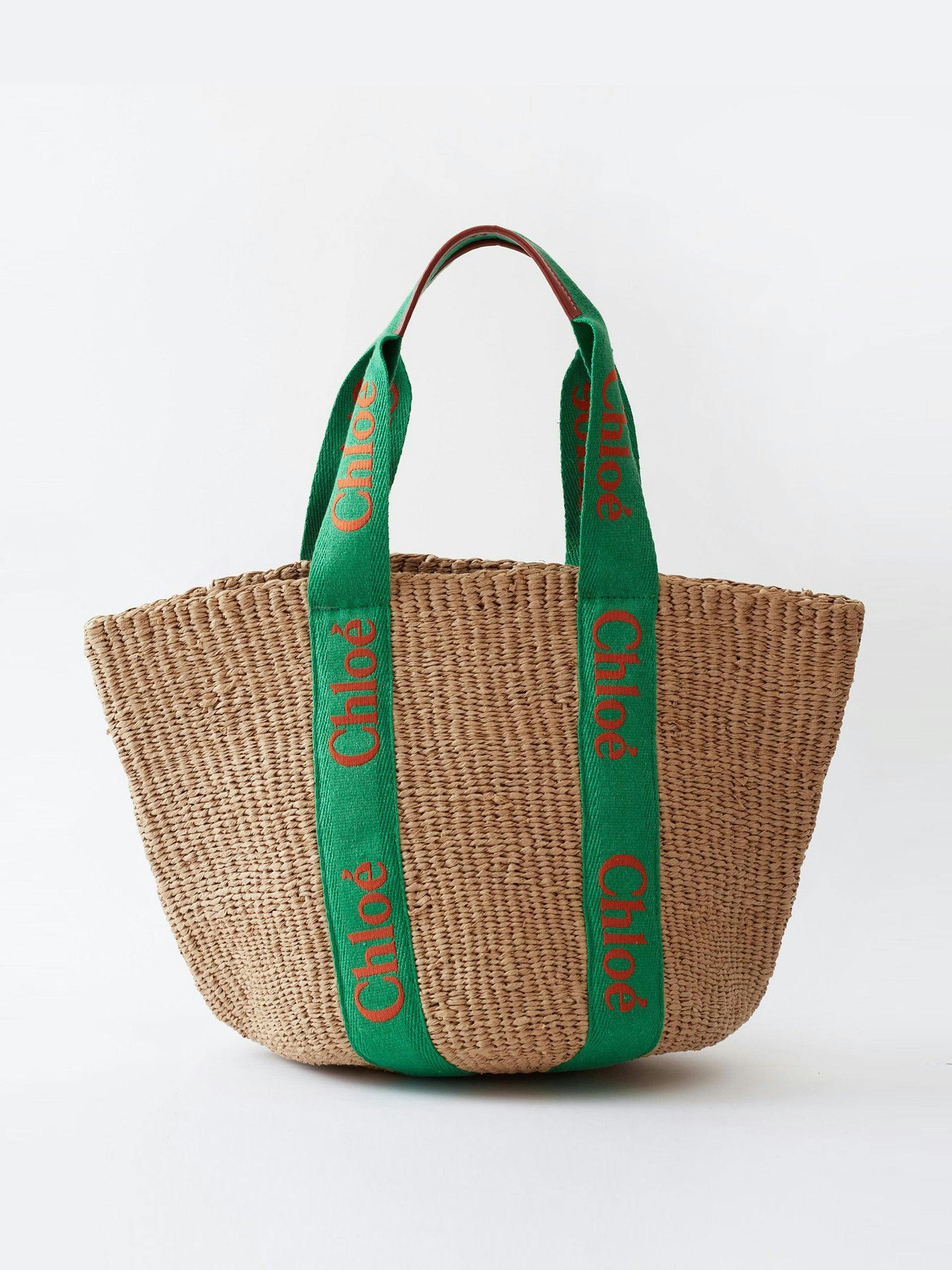 Raffia tote bag with green logo canvas straps