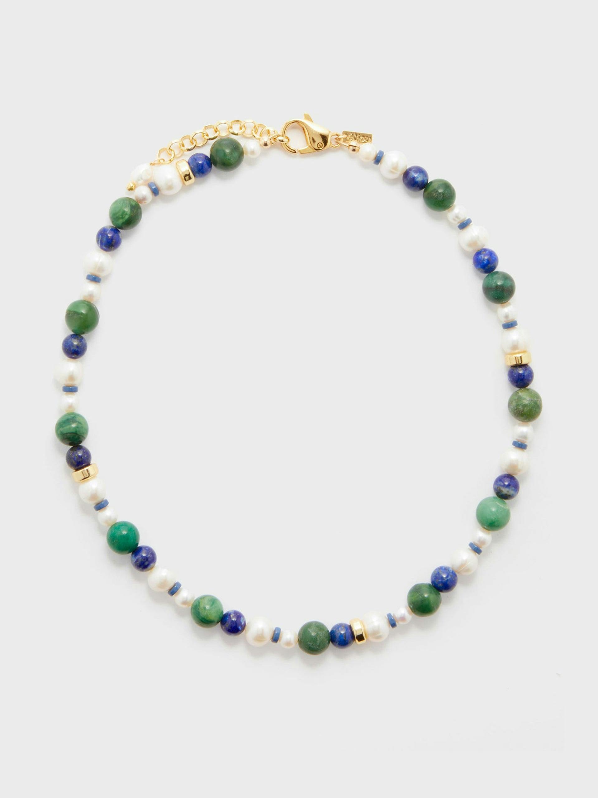 Moss freshwater pearl, jade & lapis necklace