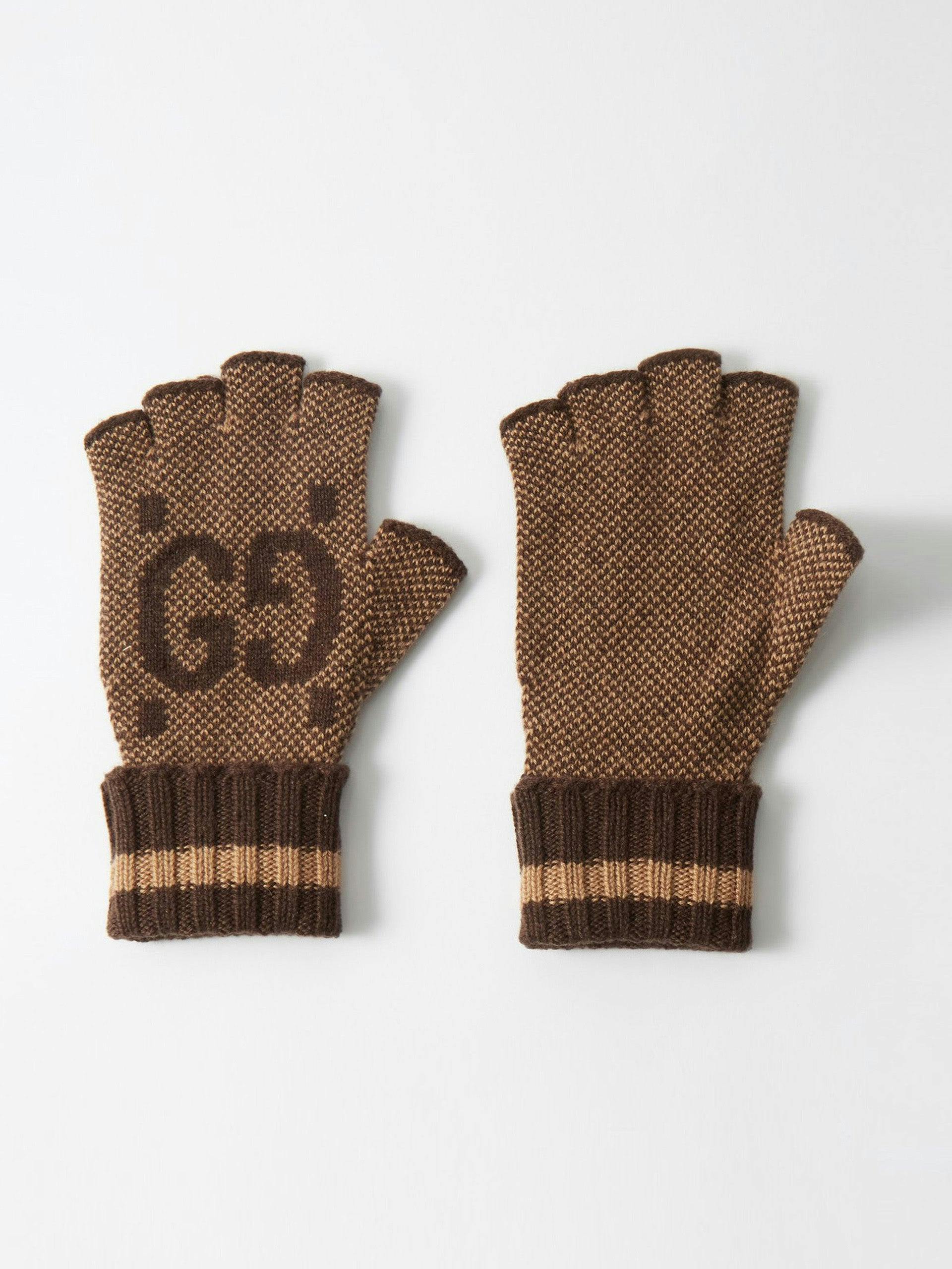 Logo jacquard fingerless cashmere gloves