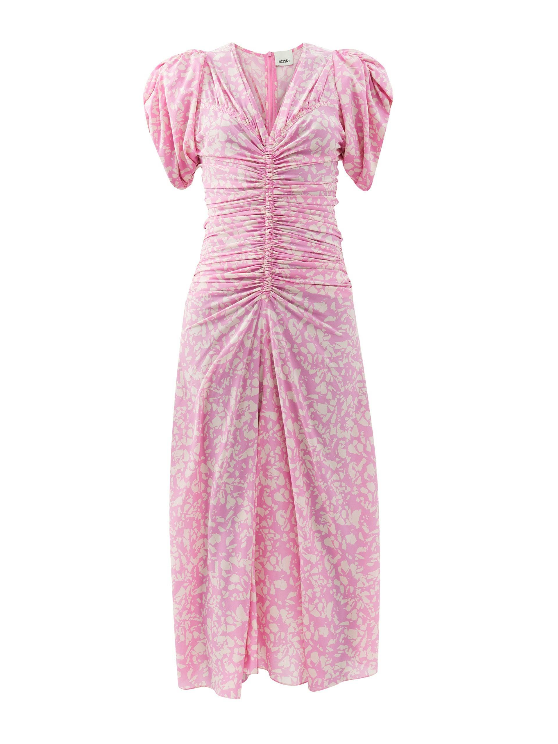 Lilia ruched printed silk-blend midi dress