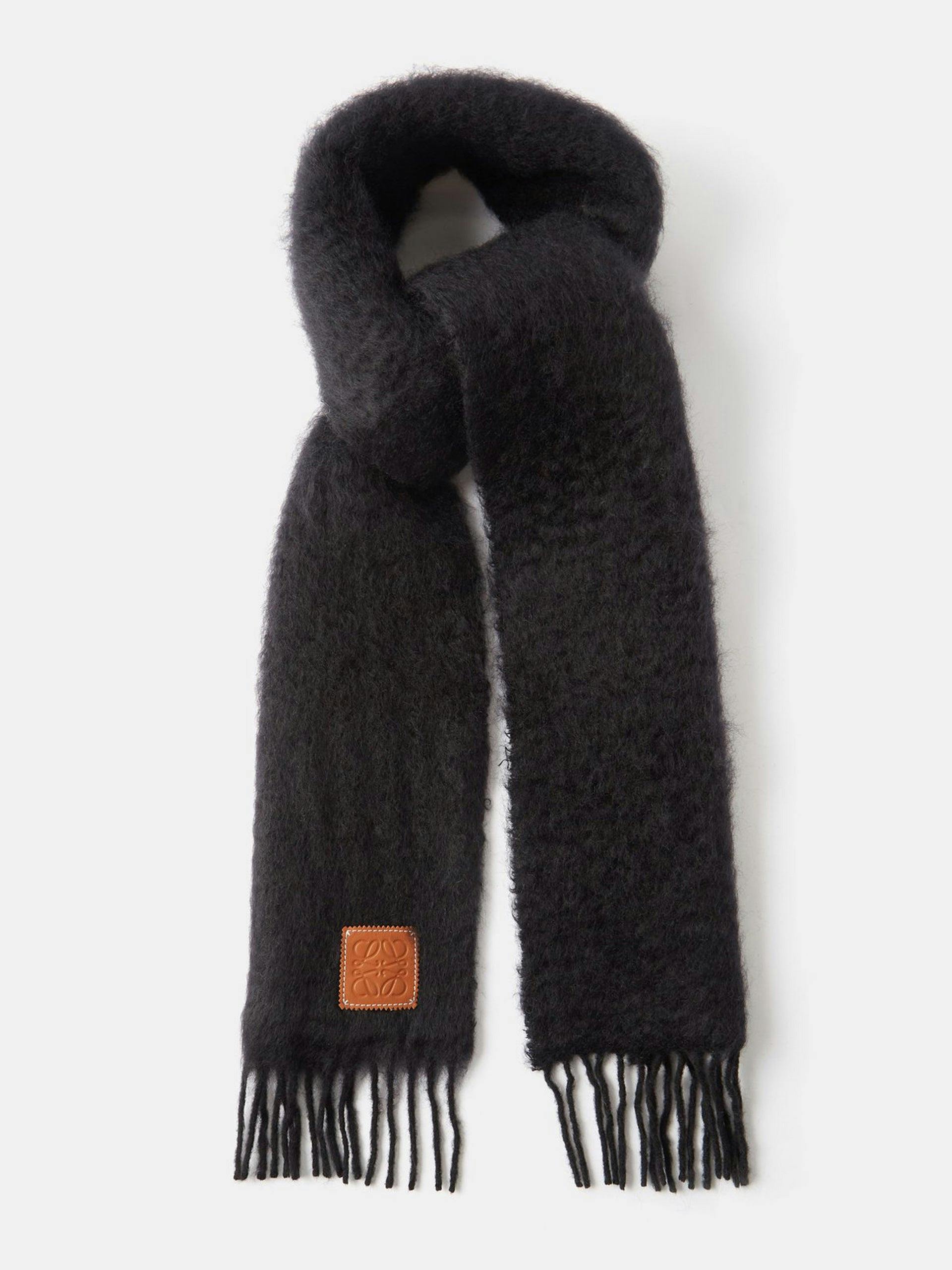 Anagram-patch fringed mohair-blend scarf
