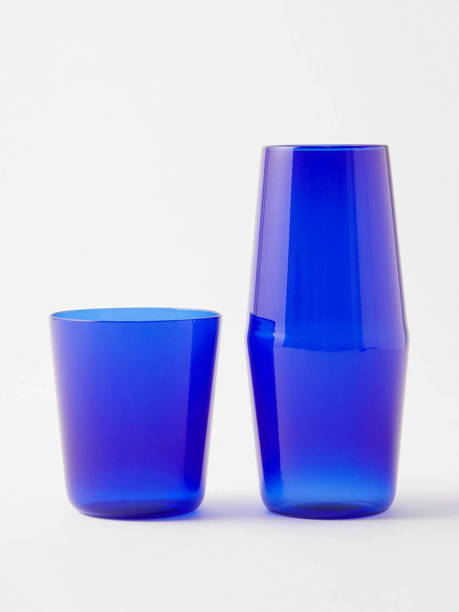 Blue glass carafe and tumbler set
