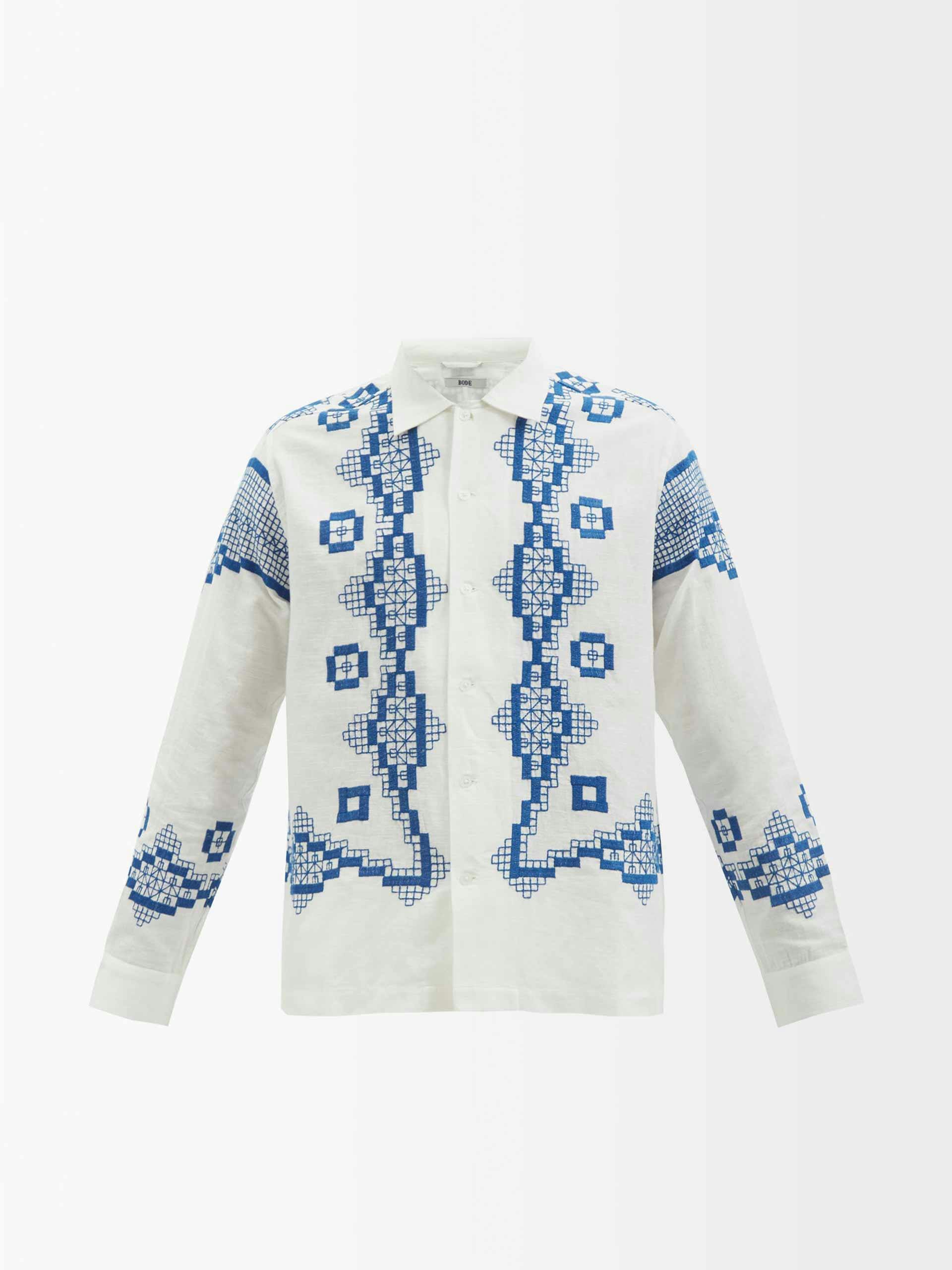 White mosaic embroidered linen-blend shirt