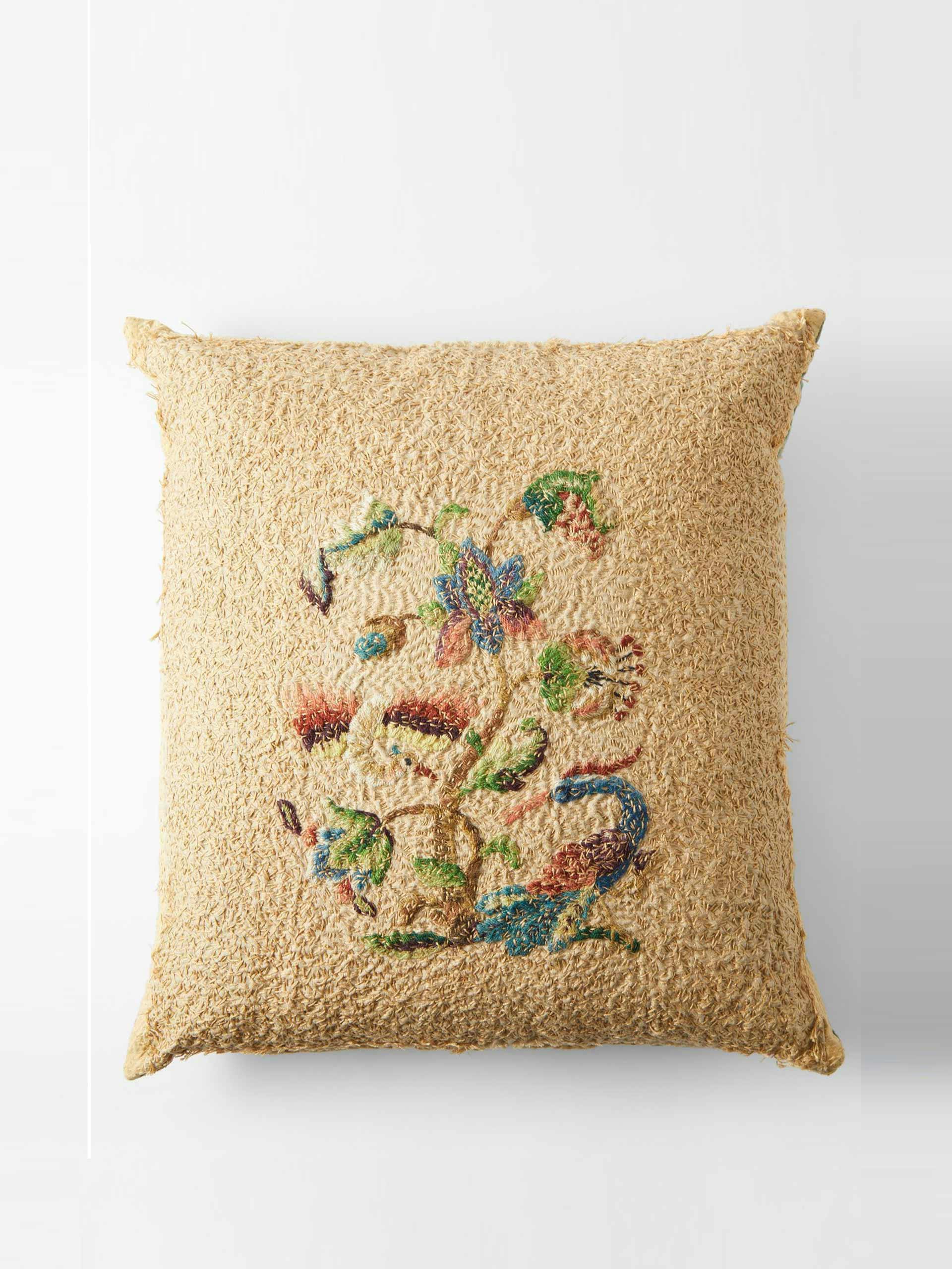 Embroidered cotton-linen cushion