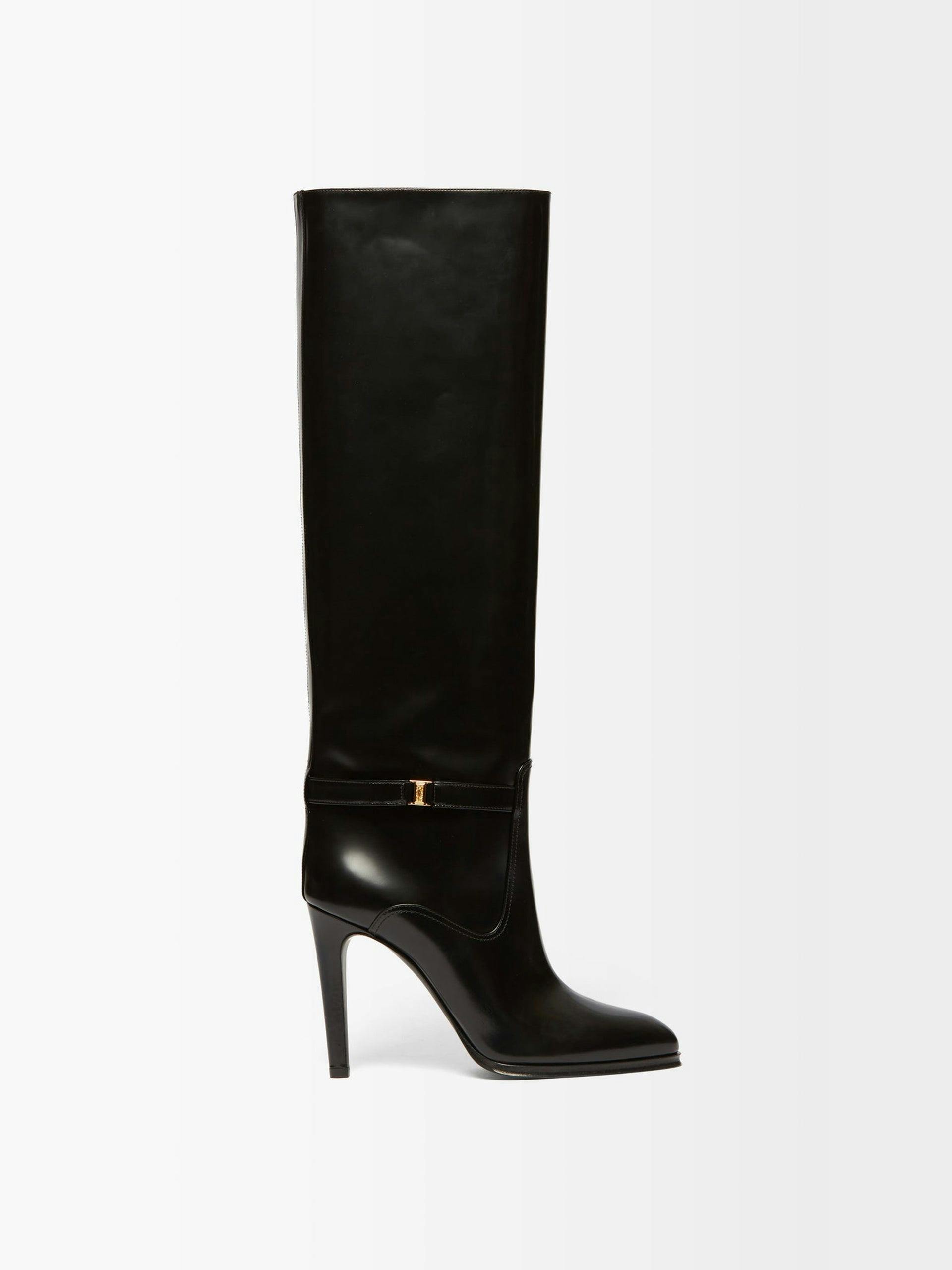 Black crystal-buckle leather knee-high boots
