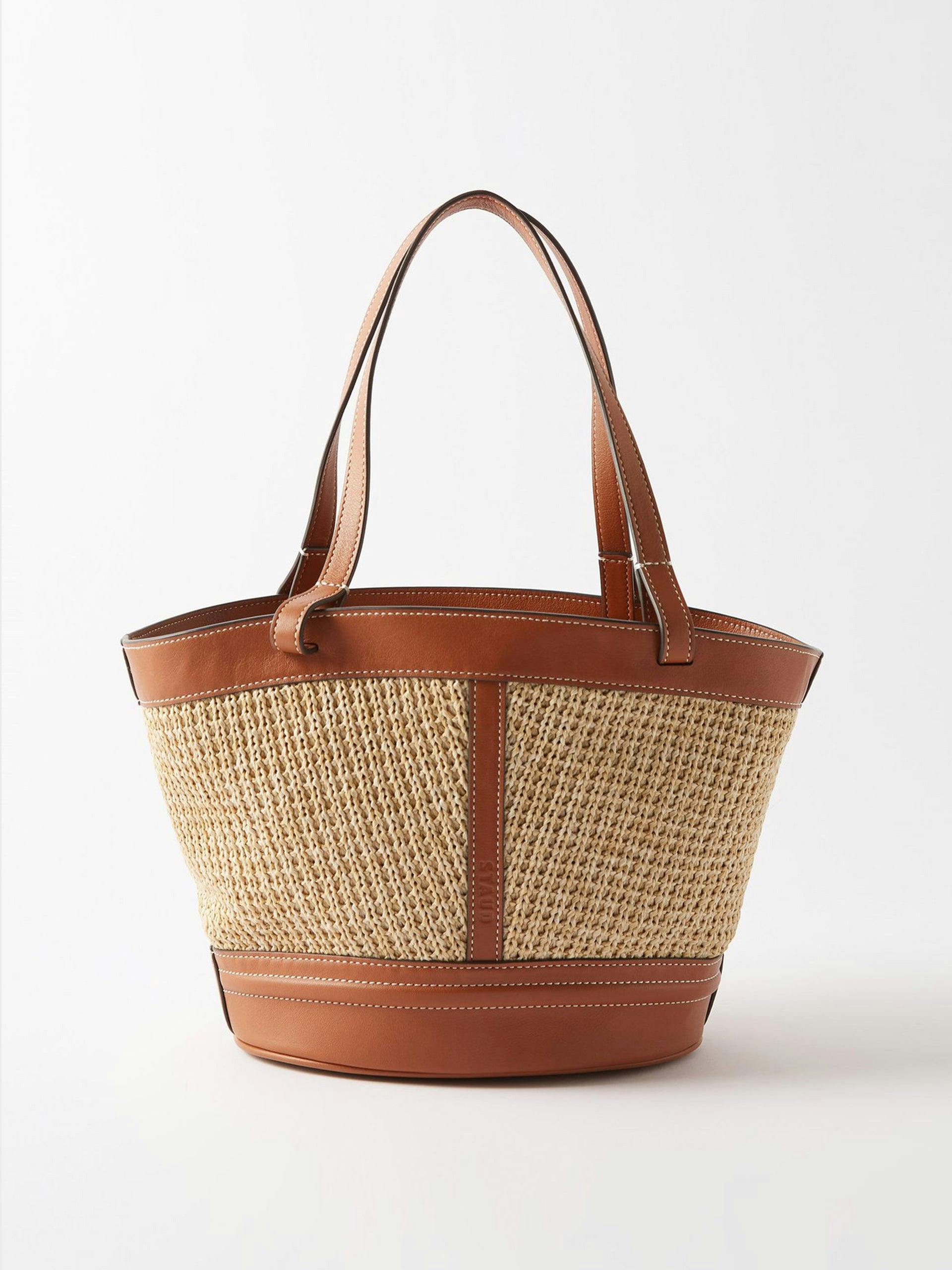 Raffia and brown leather bucket bag