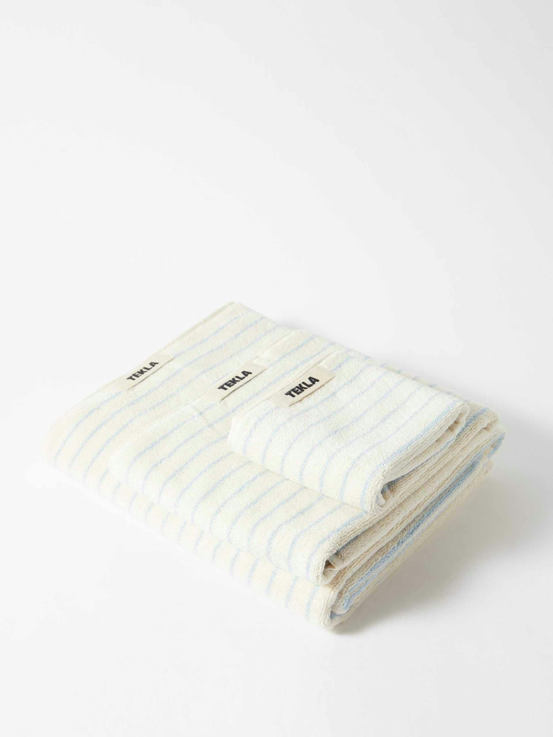 Blue and white striped cotton-terry bath set