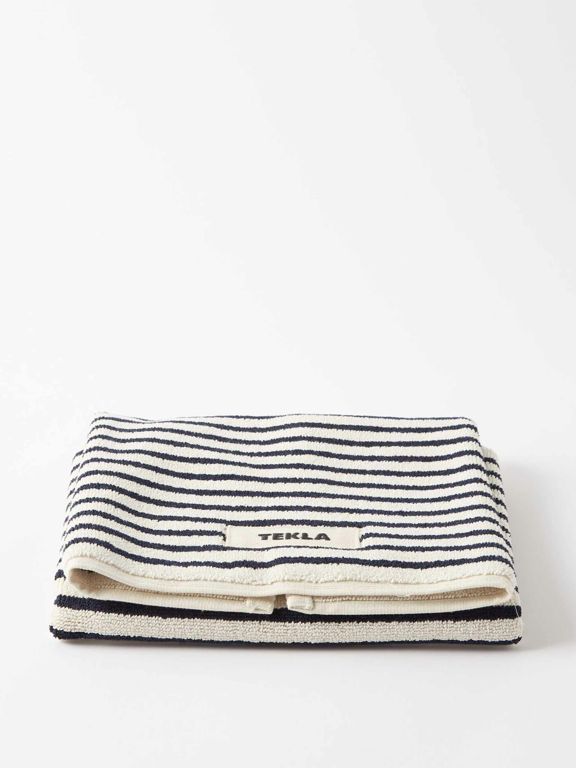 Navy and white striped bath mat