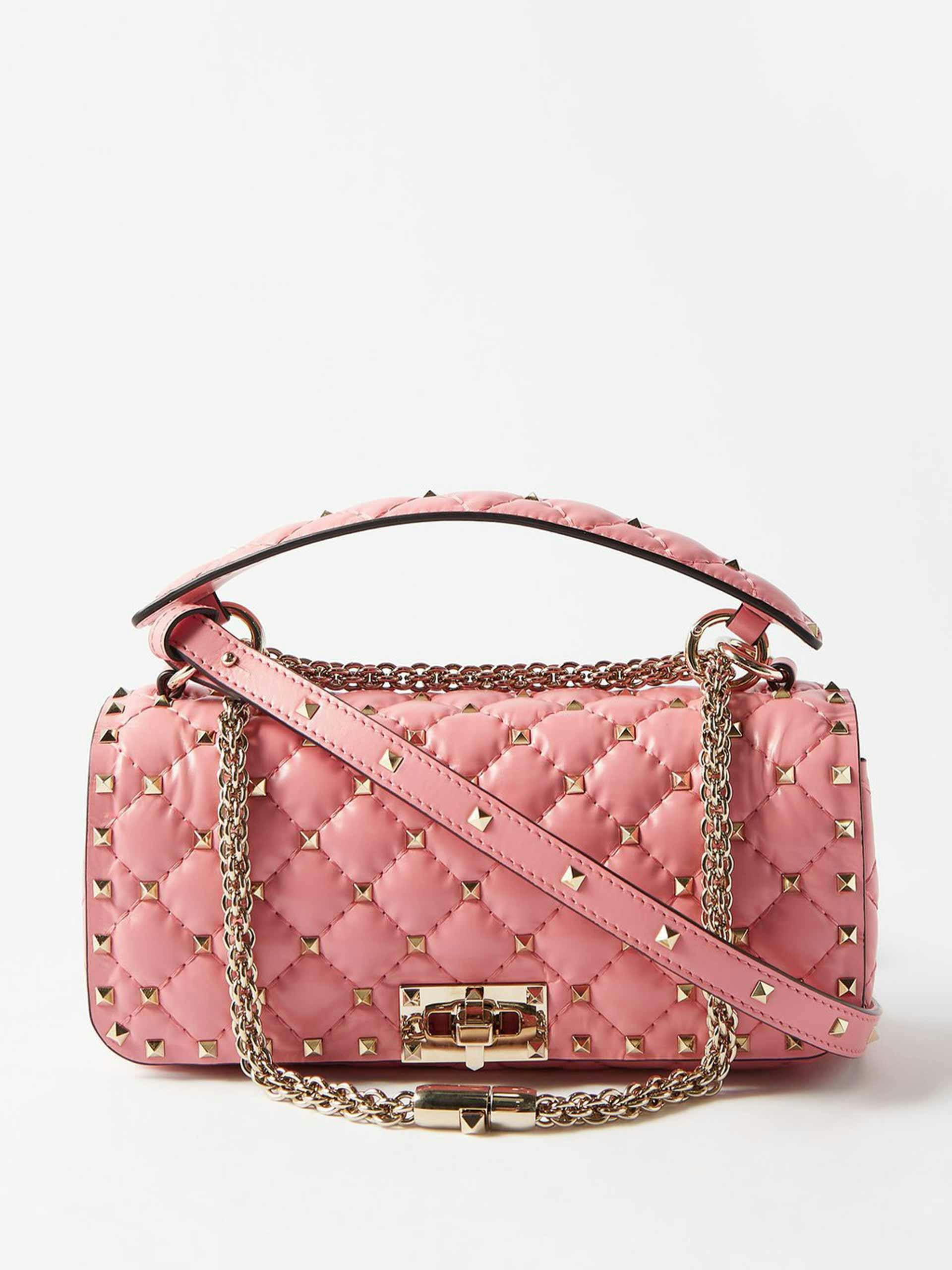 Pink studded leather shoulder bag