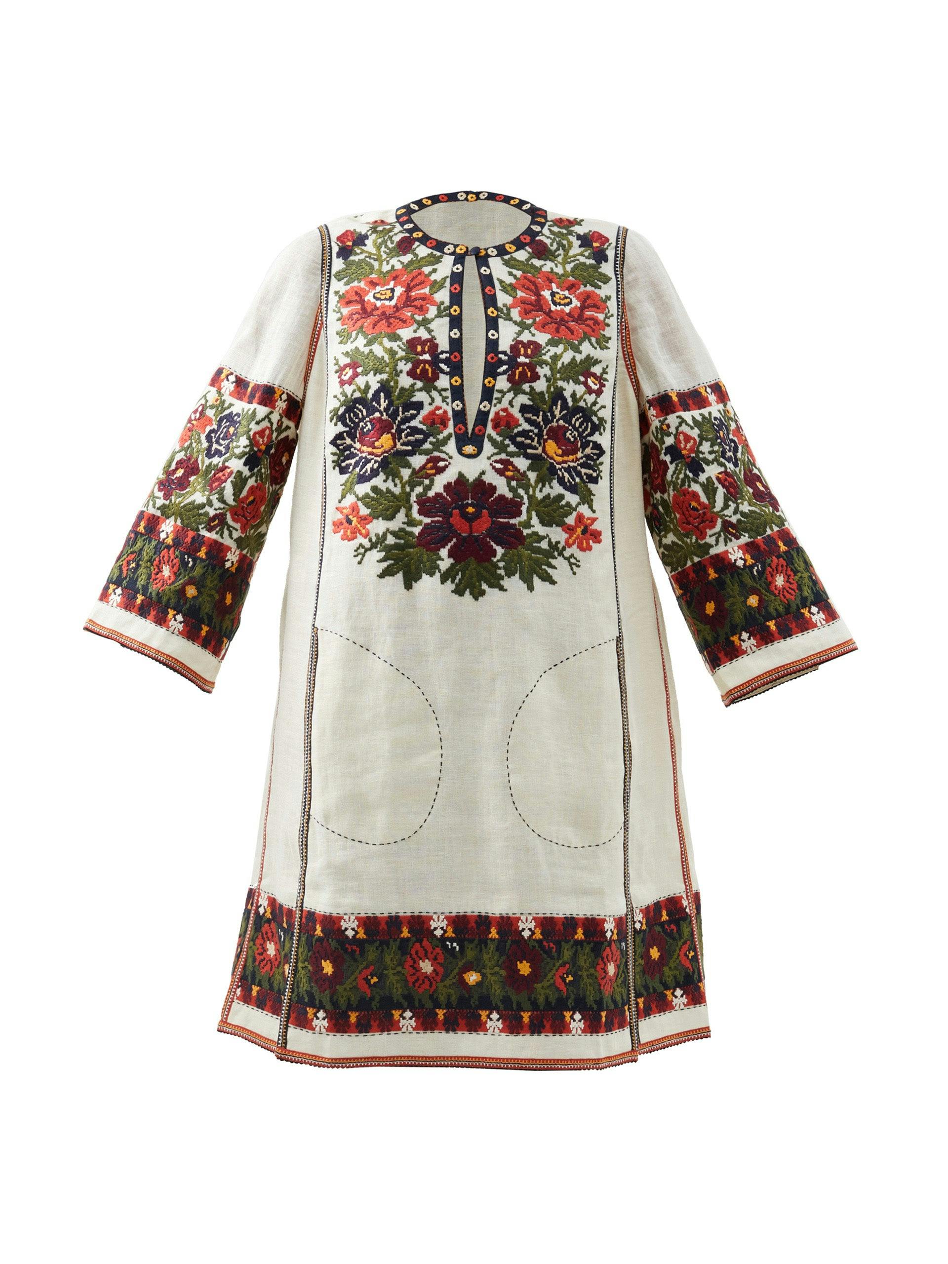 Tender floral-jacquard linen dress