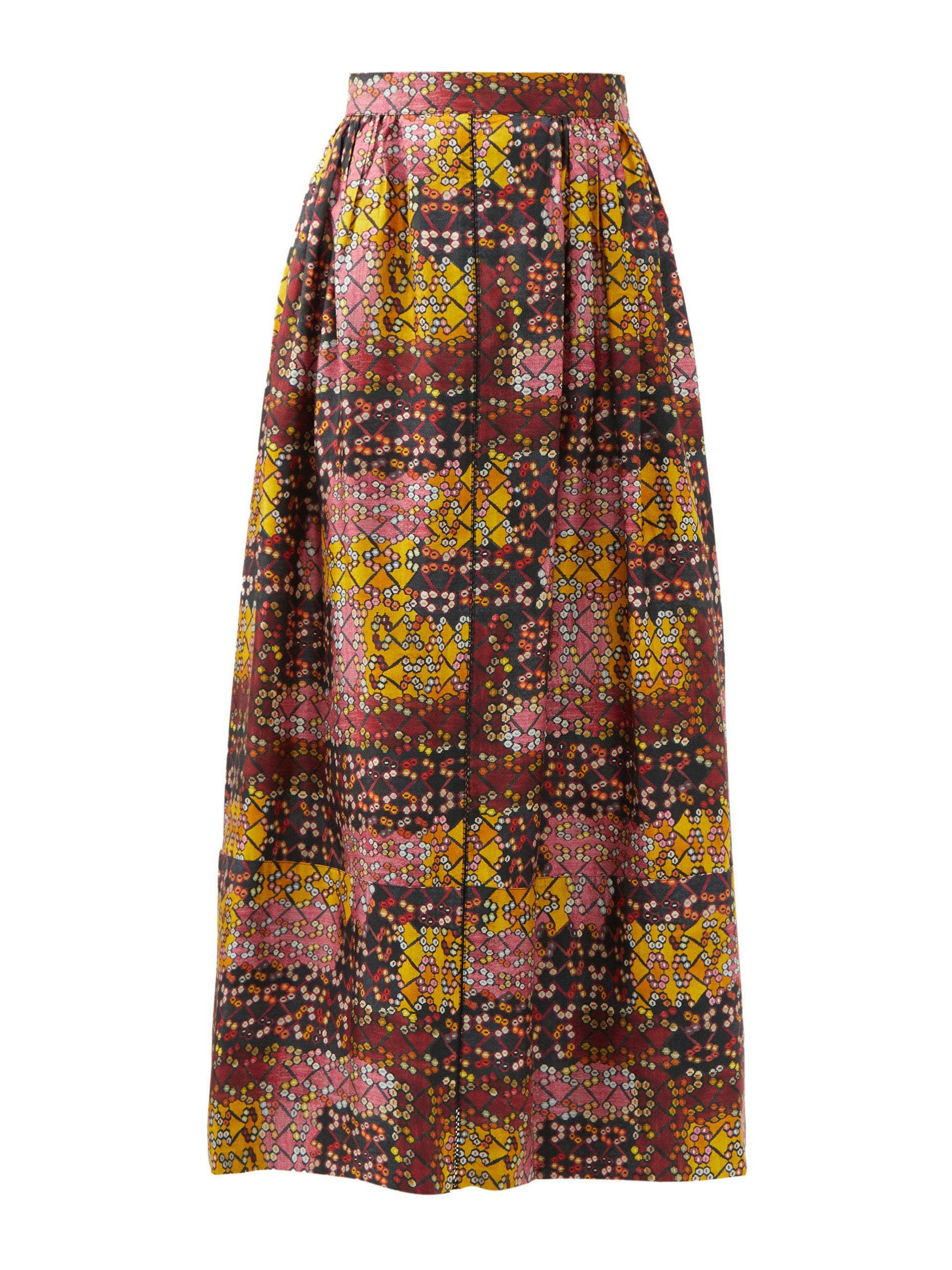 Beetle patchwork print silk maxi skirt