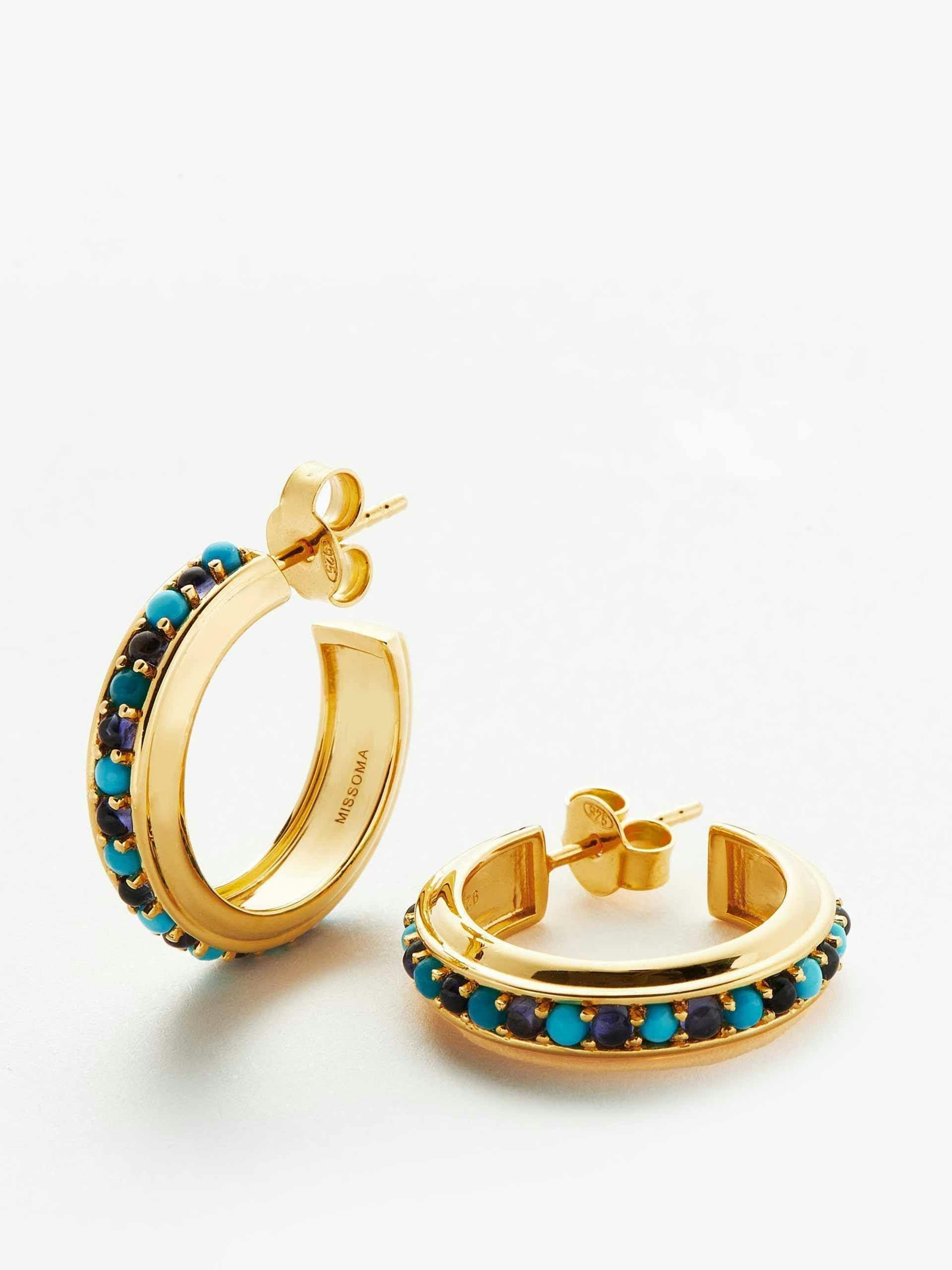 Blue and gold gemstone medium hoop earrings