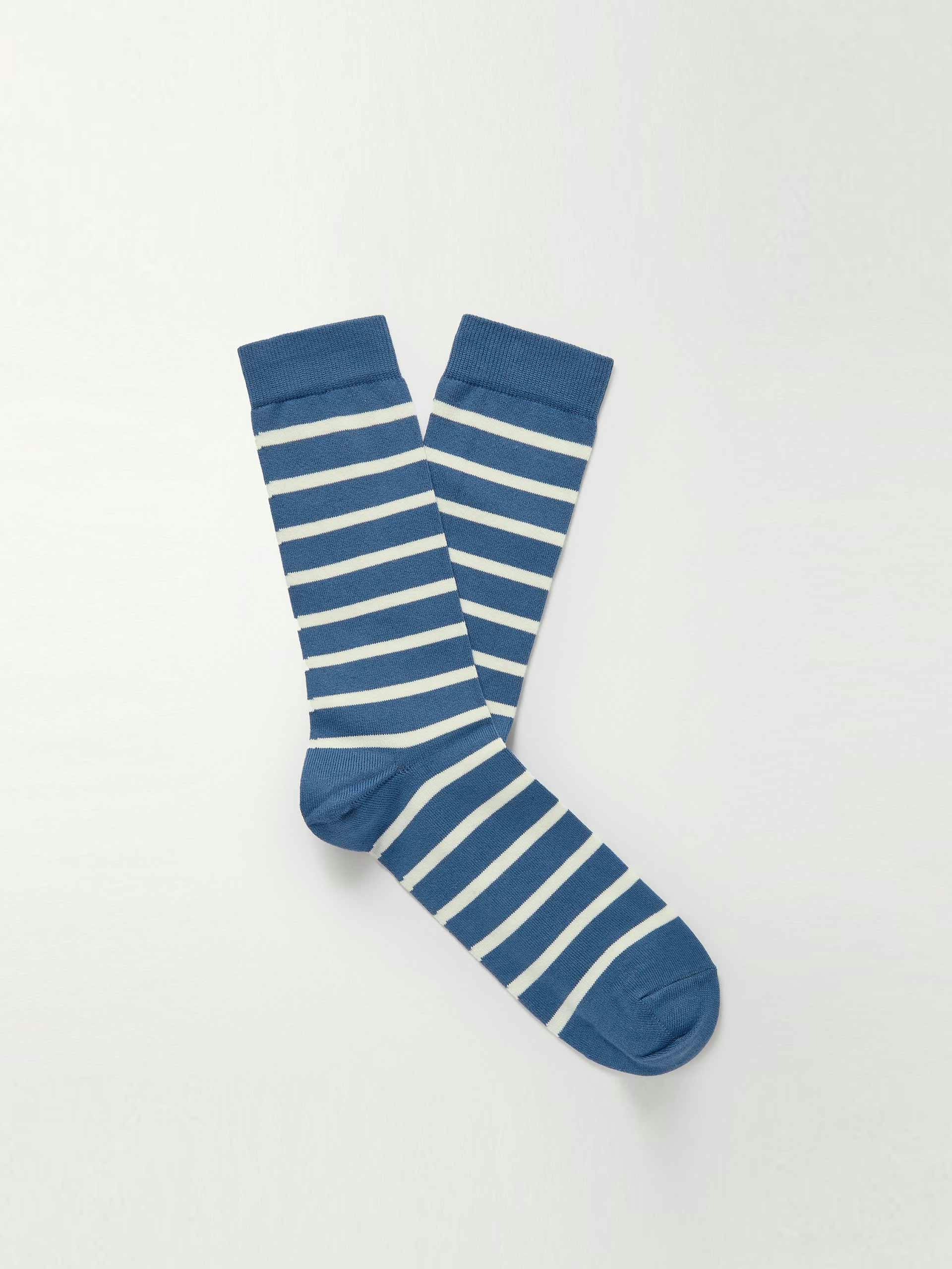 Blue and white striped cotton socks